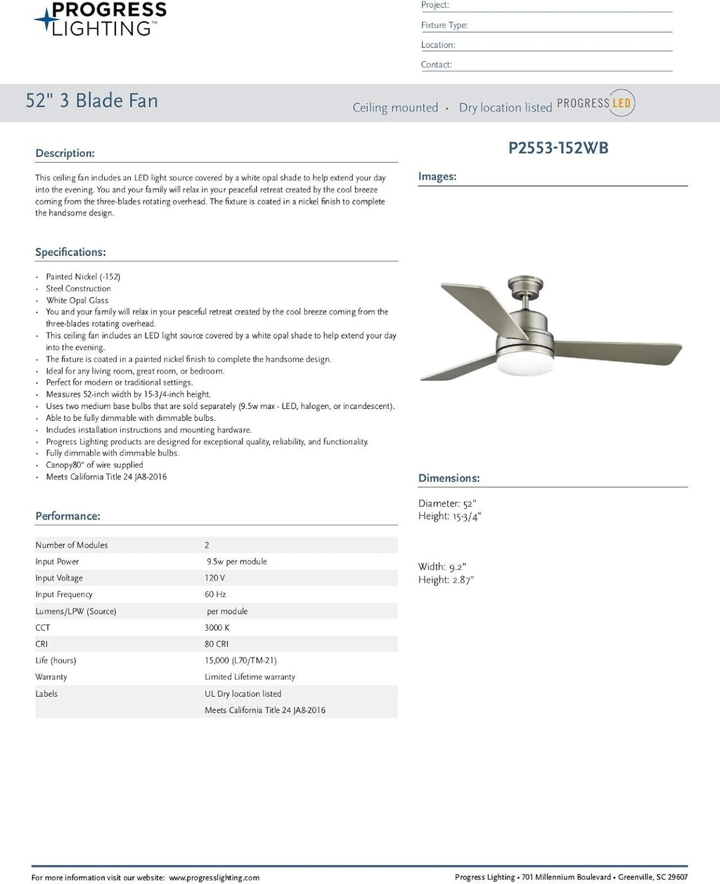 Progress Lighting Trevina II Collection 52' Three-Blade Nickel Ceiling Fan
