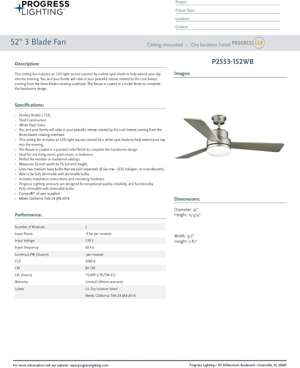 Progress Lighting Trevina II Collection 52' Three-Blade Nickel Ceiling Fan