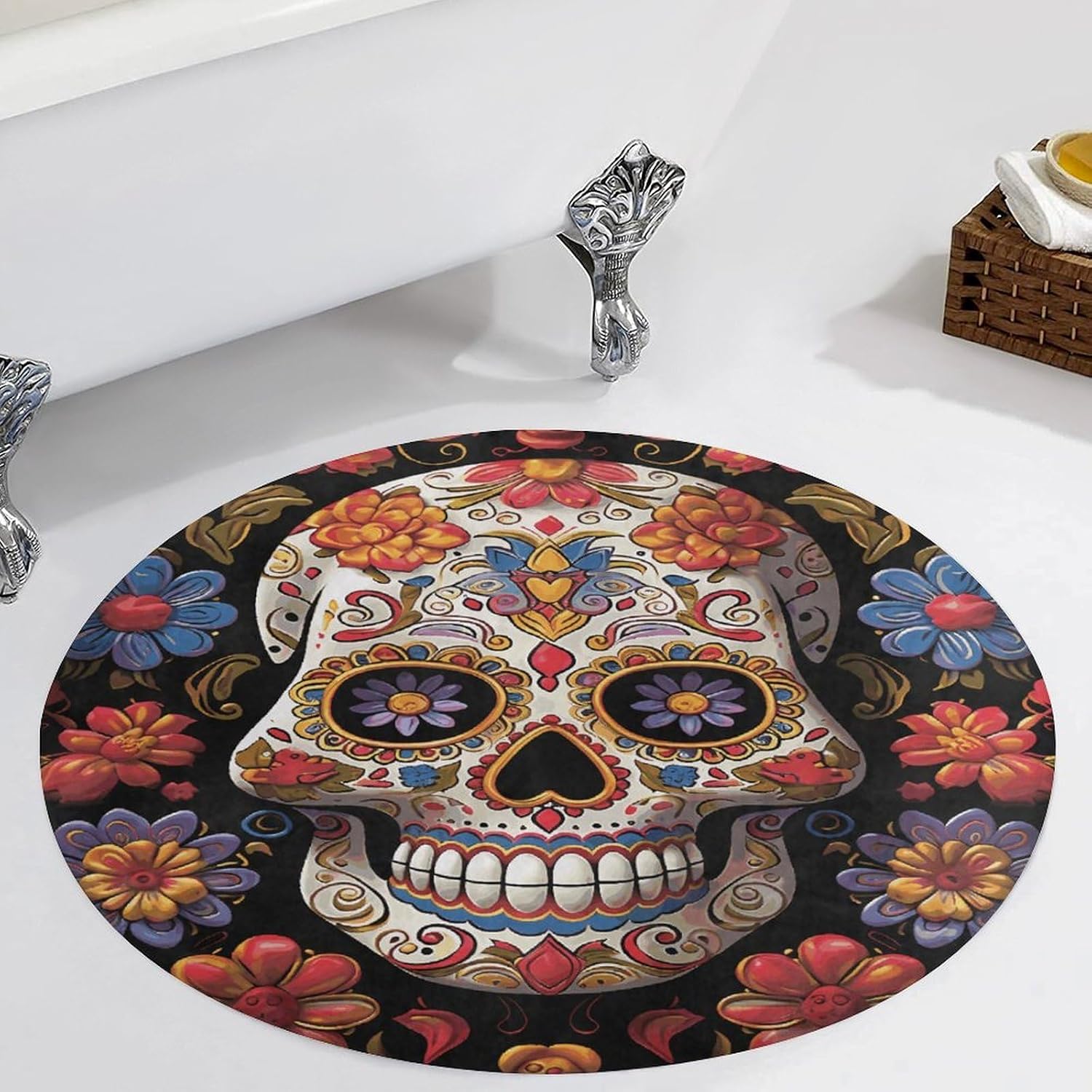 Sugar Skulls Coral Velvet Round Floor Mat Non-Slip Bath Rug Floor Covering for Bathroom Vanity Guest Suite & Vacation Home