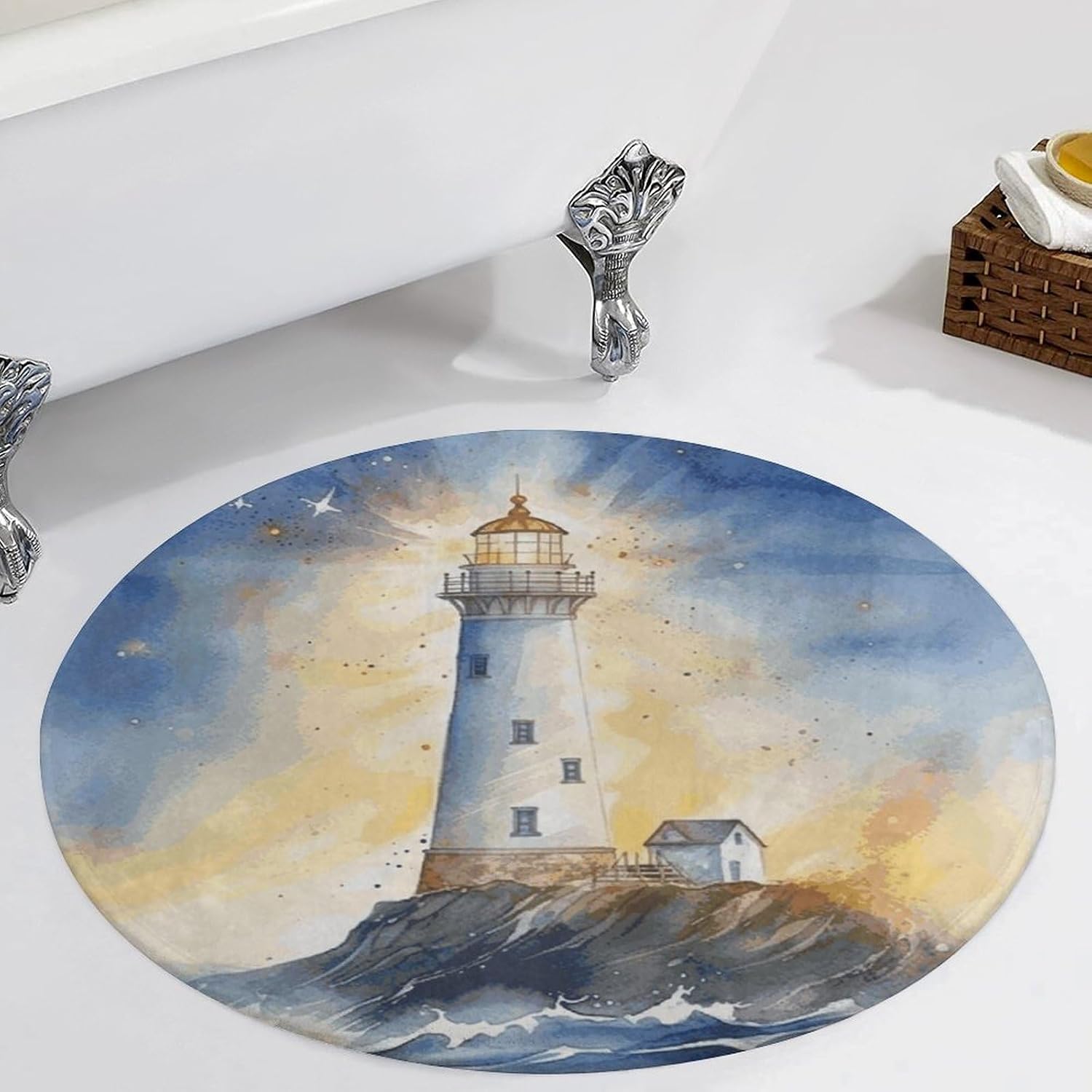 Watercolor Lighthouse Fantasy Light Coral Velvet Round Floor Mat Non-Slip Bath Rug Floor Covering for Bathroom Vanity Guest Suite & Vacation Home