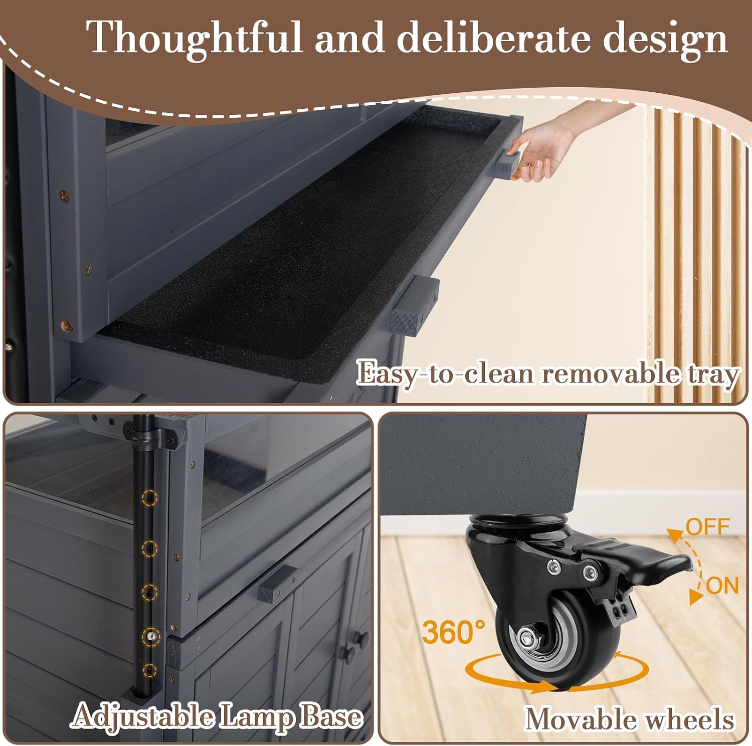 Agitree Premium Reptile Habitat Enclosure, Dark Gray | For Tortoises and Lizards, Adjustable Lighting, 360° Wheels, Easy-Clean Design, Secure Ventilation