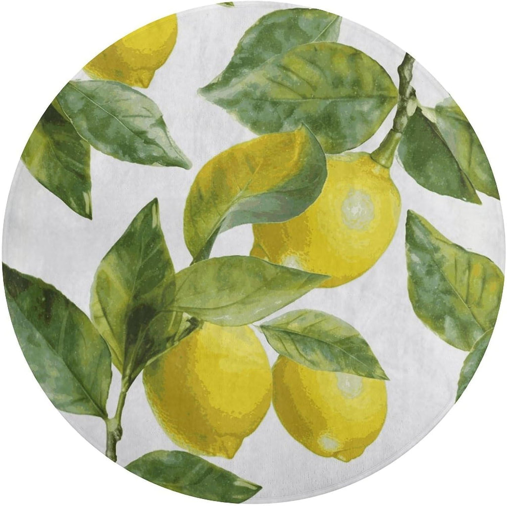 Lemon Branch Leaves Coral Velvet Round Floor Mat Non-Slip Bath Rug Floor Covering for Bathroom Vanity Guest Suite & Vacation Home