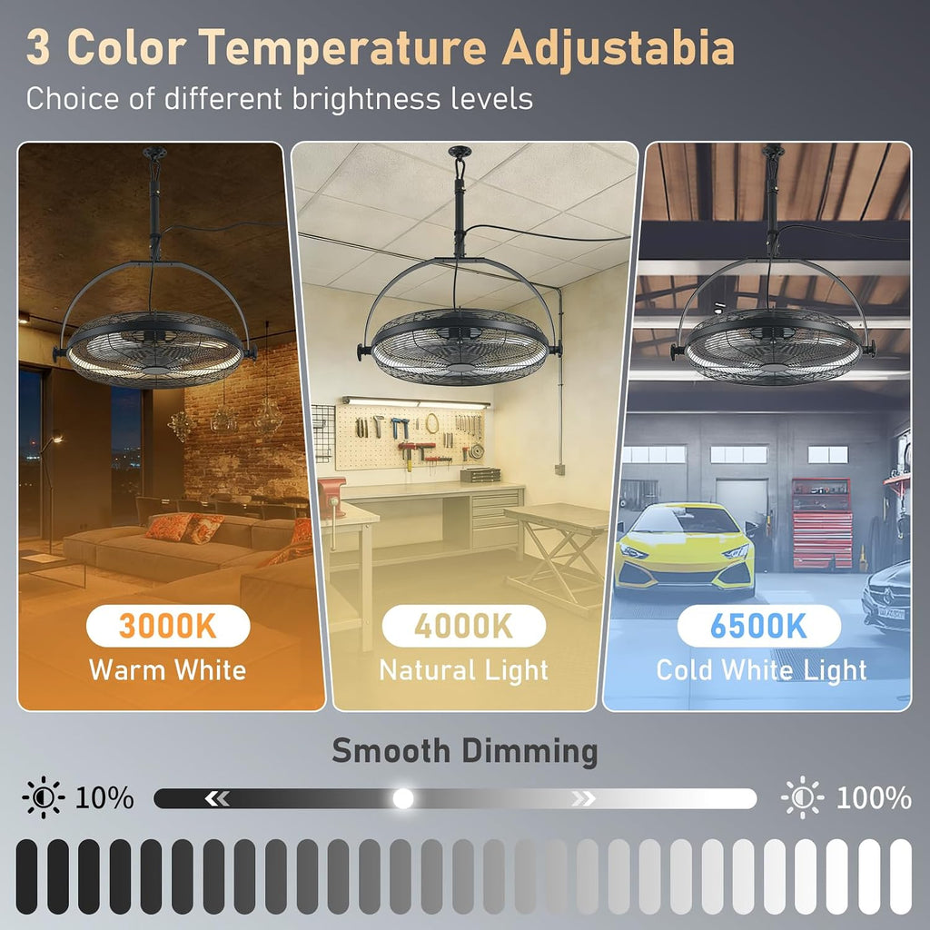 AHAWILL 22.8' Outdoor Hanging Ceiling Fan with Light - 360 Rotatable Fixed Angle,Plug-in,3CCT Dimmable,6 Speeds,Timer & Reversible,2-in-1 Hanging/Standing,Ideal for Gazebos,Patios,Tool Room,Garage.