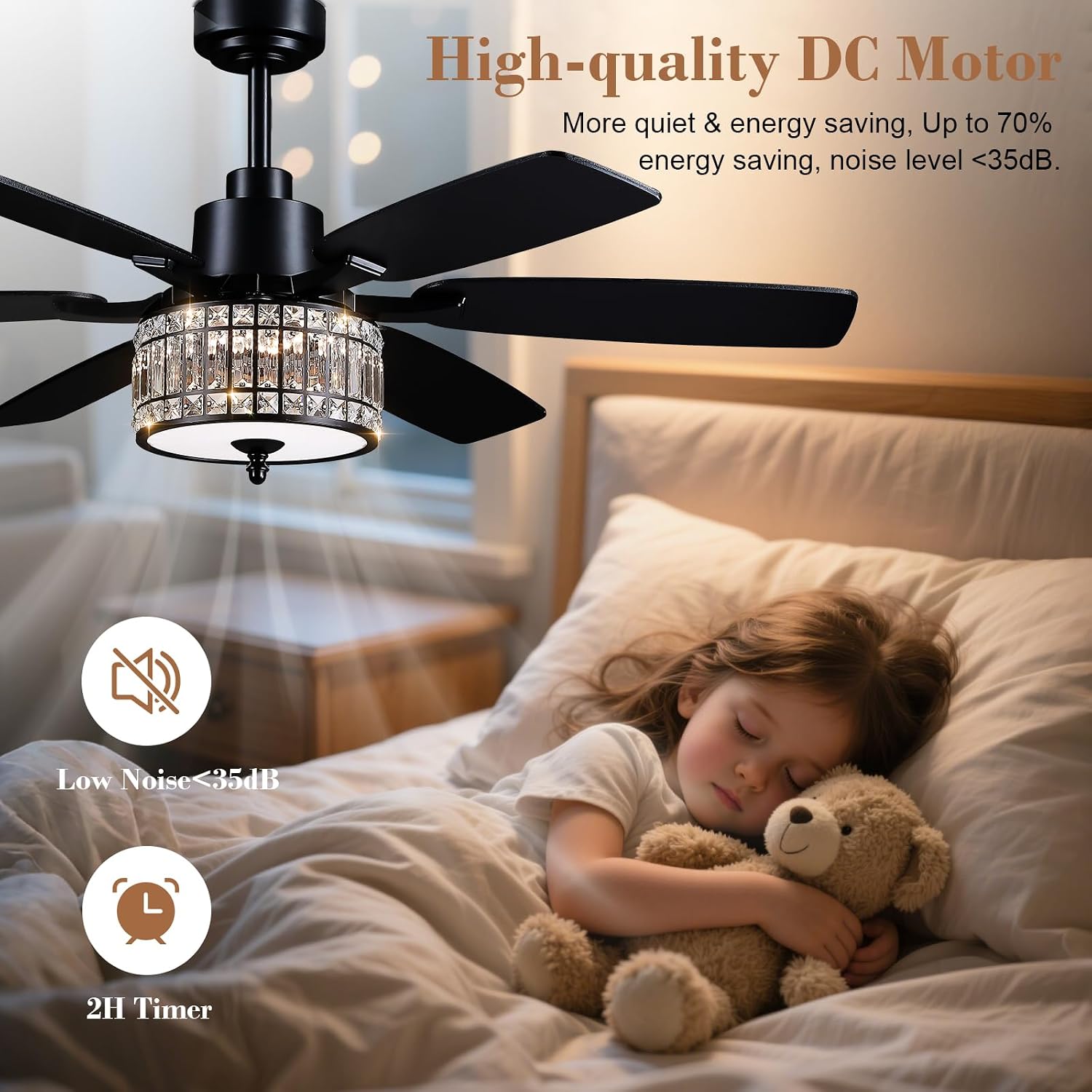 Kviflon 52 Inch Crystal Ceiling Fan with Lights and Remote/APP Control, Black Fandelier Ceiling Fan with Light, Modern Chandelier Ceiling Fan for Bedroom Living Room, Quiet DC Motor, Dimmable LED