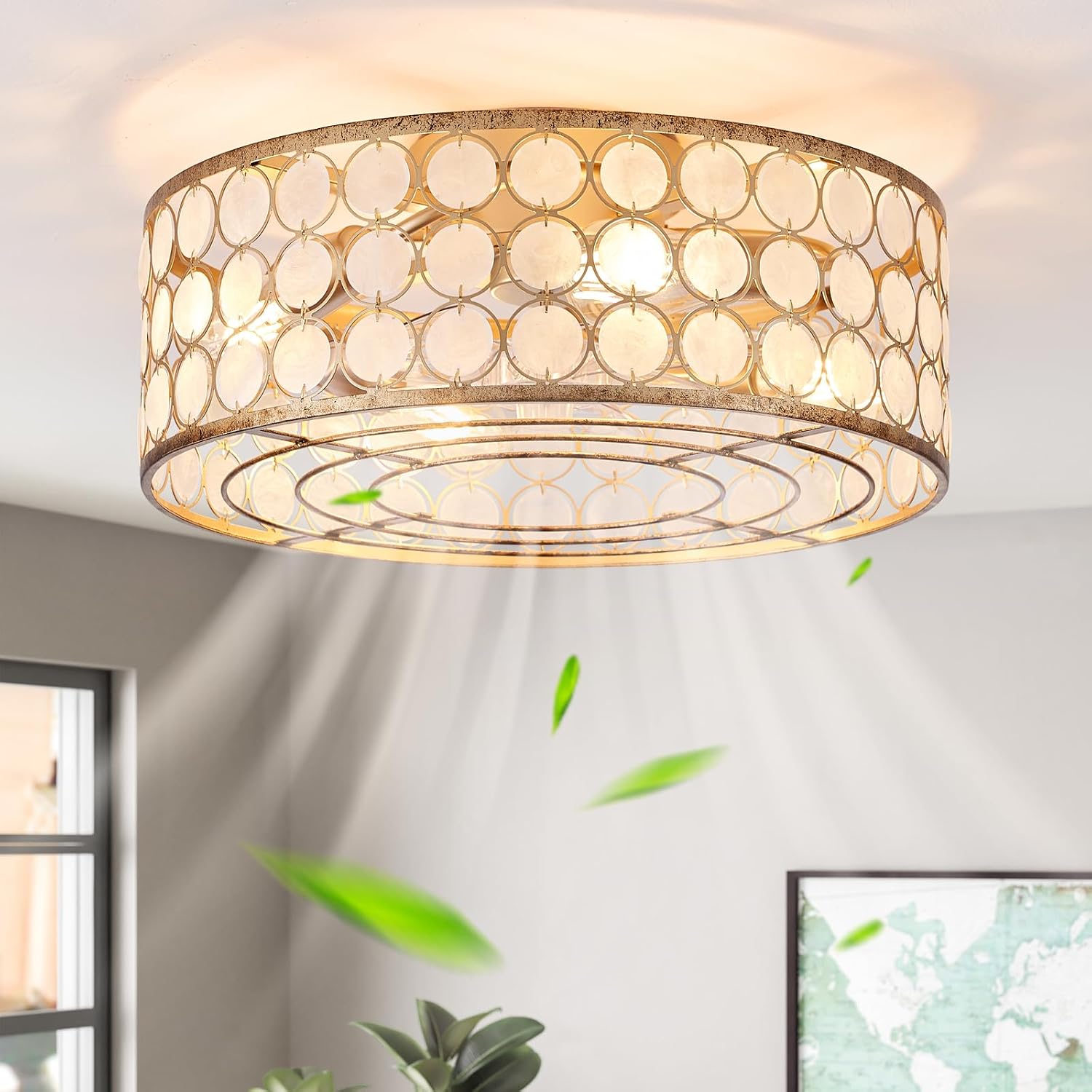 DDLLDESHI Capiz Fandelier Ceiling Fan with Light,20' Boho Caged Ceiling Fan with Light, Bldeless Enclosed Fan Lights Ceiling Fixtures for Bedroom Living Room Kitchen(Coastal Shell Style,White Oyster)