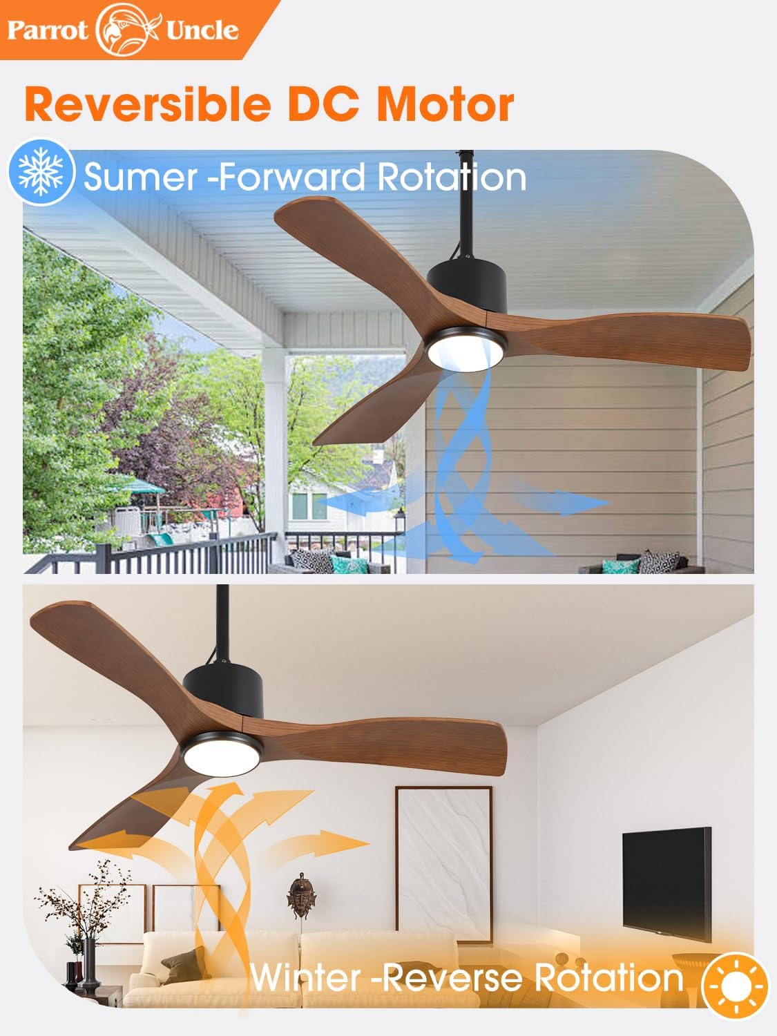 Parrot Uncle 42 Inch Outdoor Ceiling Fan with Light, IP65 Ceiling Fans with Lights and Remote, 3CCT 6-Speed Quite DC Motor, Wet Rated Plug in Ceiling Fan for Patios Porch Pergola (Walnut & Black)