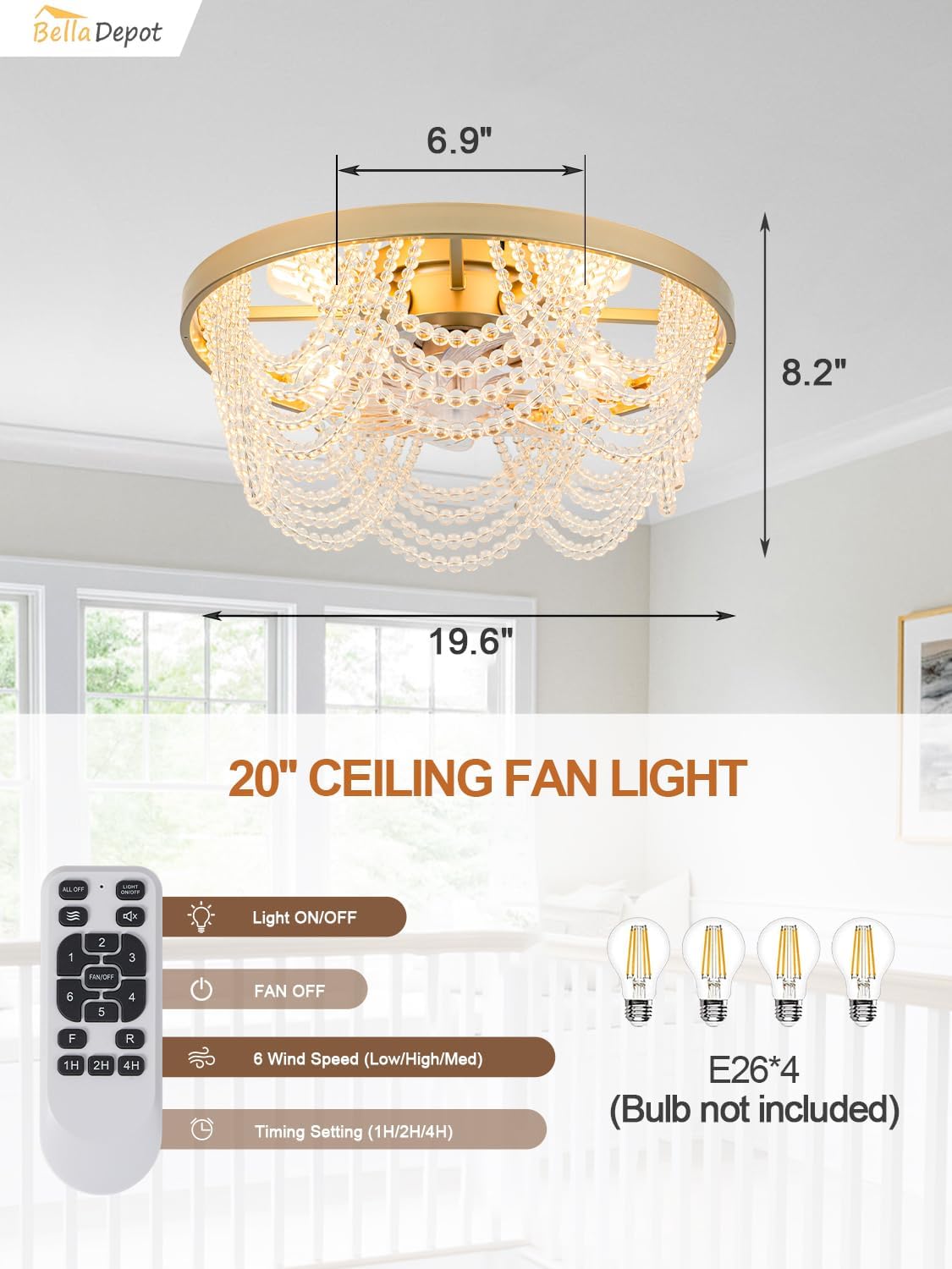 Bella Depot 20' Boho Ceiling Fan with Light, Flush Mount Beaded Fandelier Chandelier Fan, 6 Speeds Reversible Bladeless Ceiling Fan for Bedroom Living Room Kitchen (Crystal)