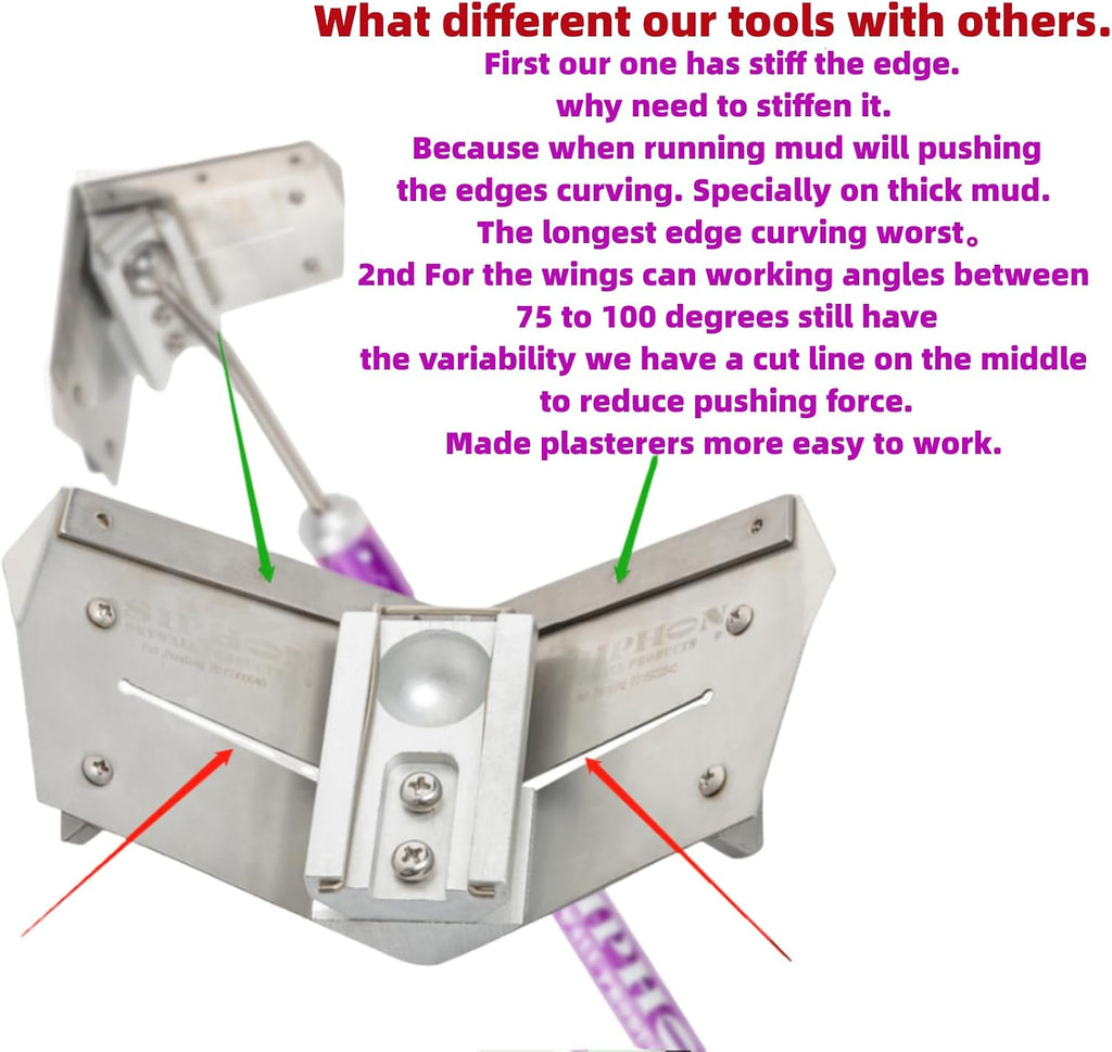 Stainless Steel Corner Finisher Set - SIPHON DRYWALL PRODUCTS ™ | Corner Finisher/glazer/Angle Head | Thick Compounds | Drywall Finishing Tools | Sheetrock Gyprock Plasterboard Wallboard