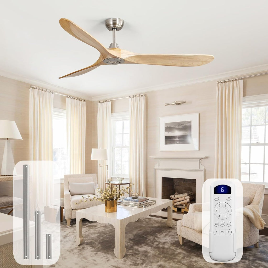 Sofucor 60 Inch Ceiling Fans No Light-Outdoor Ceiling Fan with Remote Control, 3 Blade Reversible DC Motor, Modern Wood Ceiling Fan Without Light for Bedroom Patios,Brushed Nickel&Natural Wood