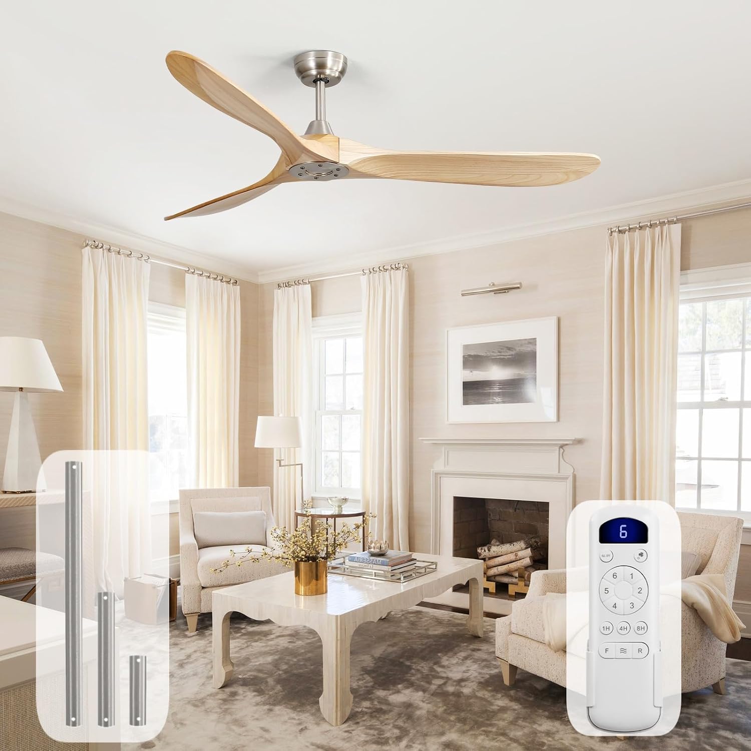 Sofucor 60 Inch Ceiling Fans No Light-Outdoor Ceiling Fan with Remote Control, 3 Blade Reversible DC Motor, Modern Wood Ceiling Fan Without Light for Bedroom Patios,Brushed Nickel&Natural Wood