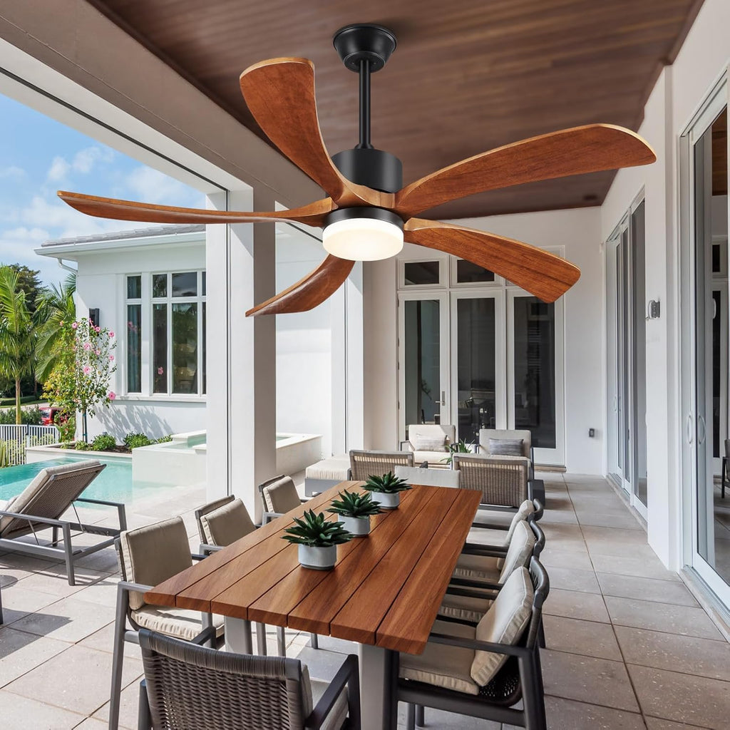 52 Inch Ceiling Fans with Lights Remote Control, 5 Blade Wood Ceiling Fan for Outdoor, 3 Downrods, ETL Listed, Timer, 6 Speeds Noiseless Quiet DC Motor Fan for Patio Bedroom, Yellow Walnut