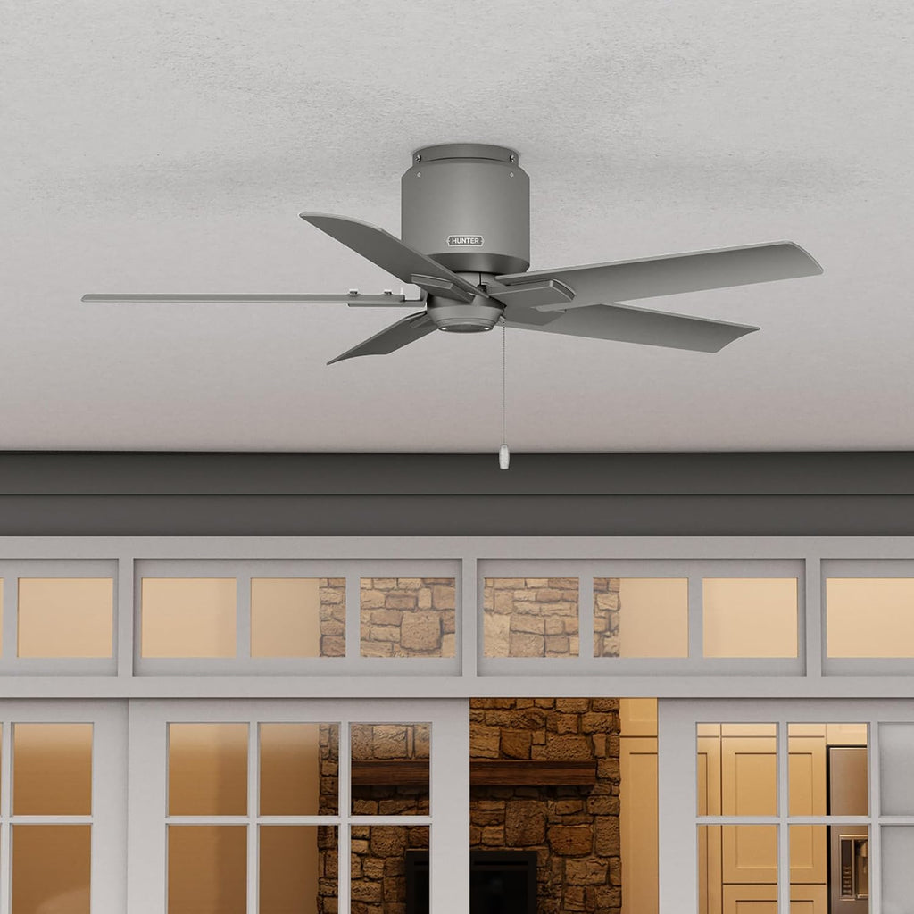 Hunter Fan 44 inch Ceiling Fan with Pull Chain and No Light, Outdoor or Indoor Matte Silver Ceiling Fan for Porch, Living Room, Office, Kitchen, Garage (Renewed)