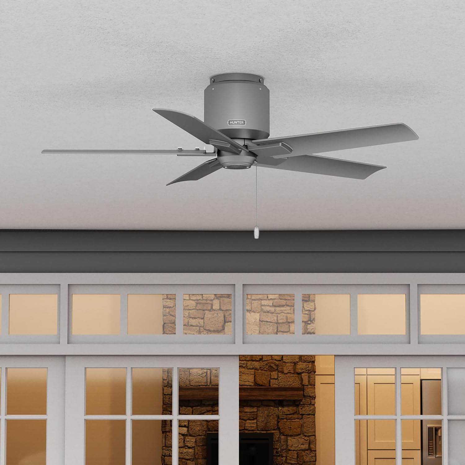Hunter Fan 44 inch Ceiling Fan with Pull Chain and No Light, Outdoor or Indoor Matte Silver Ceiling Fan for Porch, Living Room, Office, Kitchen, Garage (Renewed)