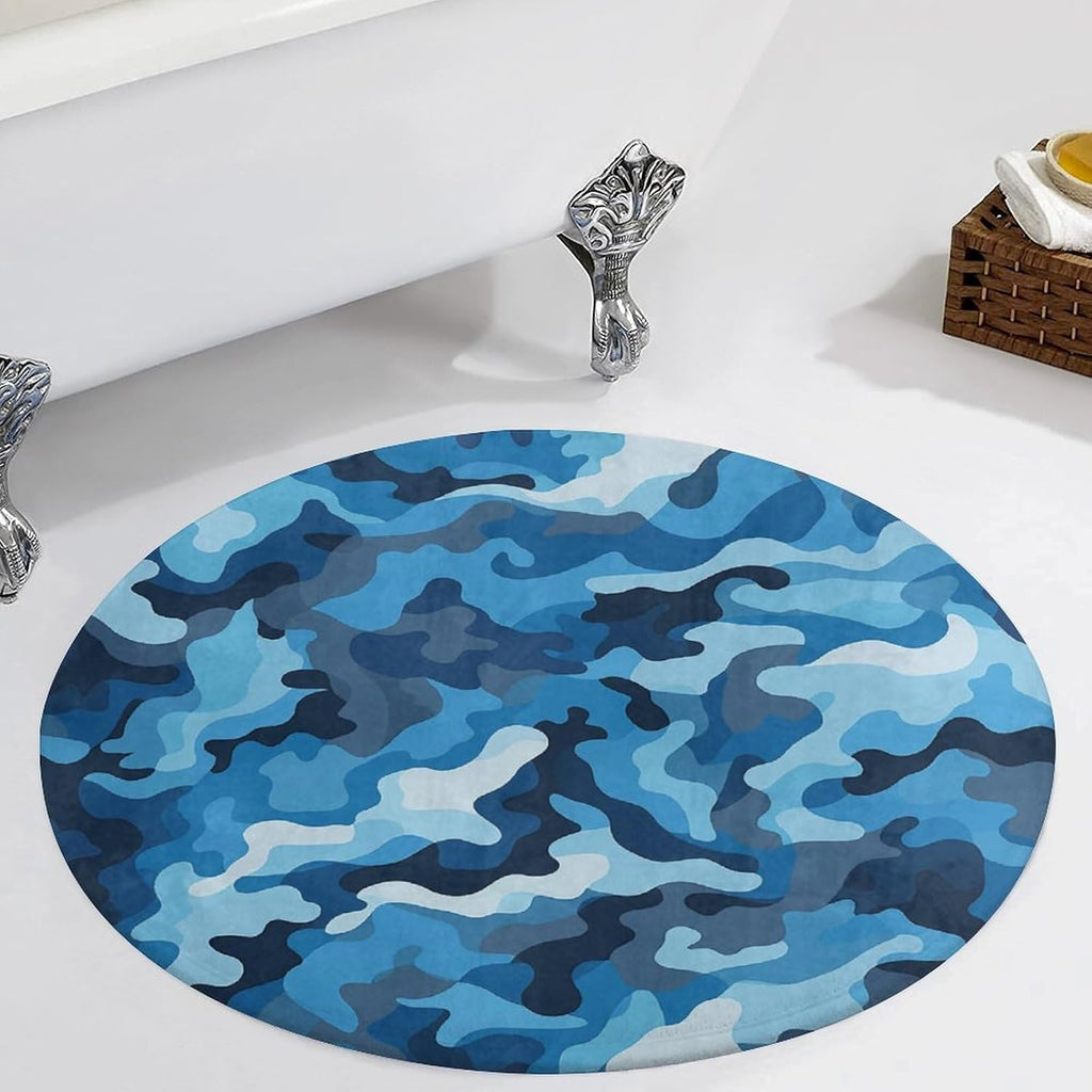 Blue Camouflage Pattern Coral Velvet Round Floor Mat Non-Slip Bath Rug Floor Covering for Bathroom Vanity Guest Suite & Vacation Home