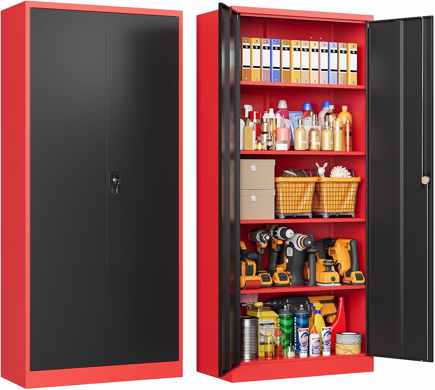 72 Inch Metal Cabinet,Lockable Storage Cabinet with 2 Doors and 4 Adjustbale Shelves,Tall Tool Cabinet Cabinet for Garage,Basement,Home Office,Gym(Red & Black)