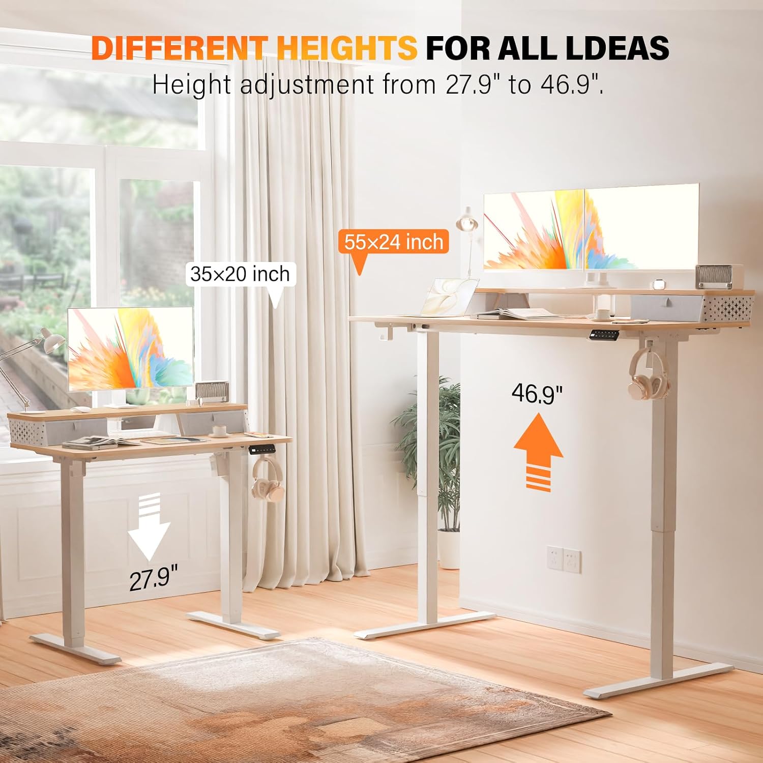Electric Standing Desk with Two Drawers,48 x 24 Inch Sit Stand Desk Adjustable Height, Stand Up Desk with Storage Shelf, Computer Workstation for Home Office, Oak