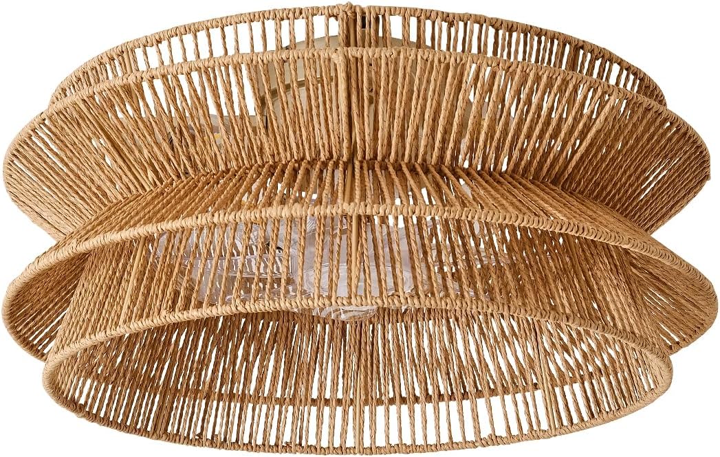 Boho Ceiling Fan with Light, 20'' Coastal Caged Ceiling Fans with Lights and Remote Control, Rattan Flush Mount Fandelier with Reversible 6 Speeds, Low Profile for Bedroom Living Room Dining Room