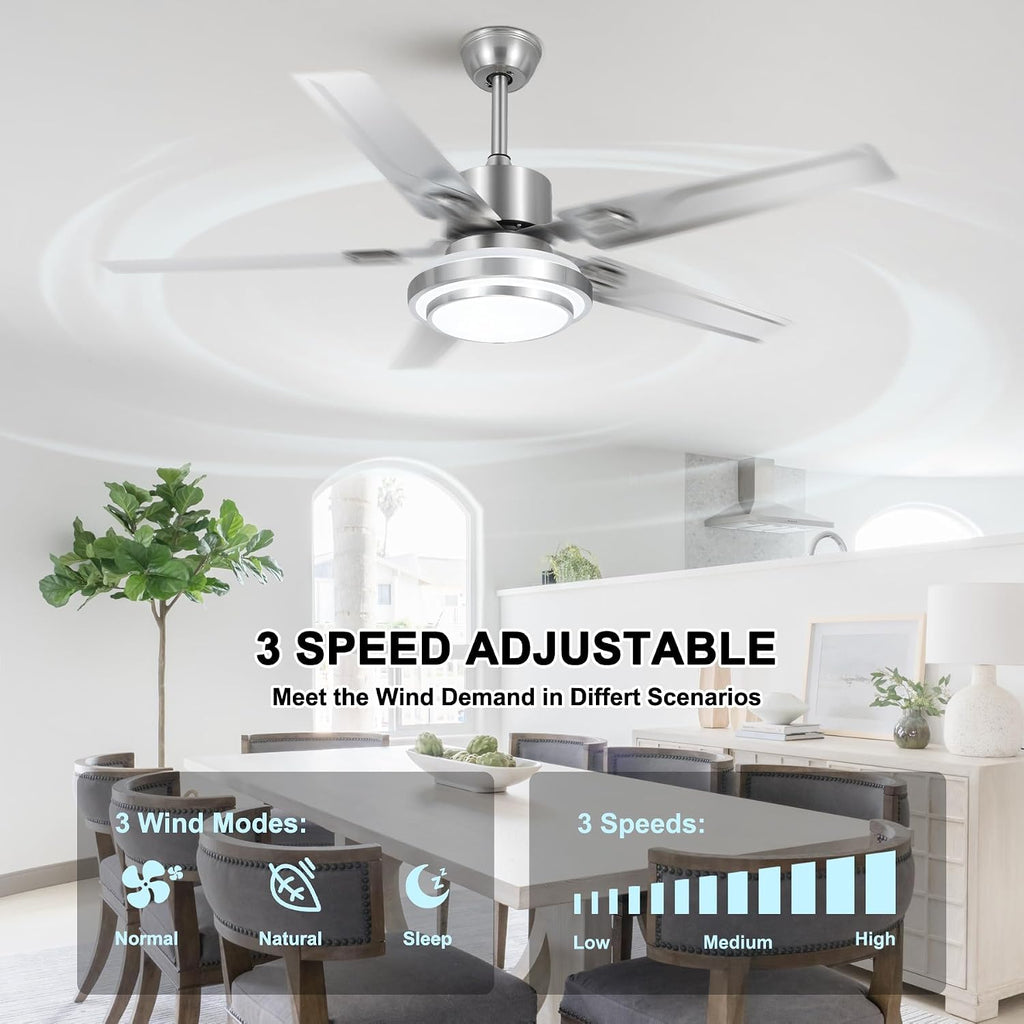 Outdoor Ceiling Fan Light, Remote Control Patio Ceiling Fan with 5 Reversible Stainless Steel Blades, 52 inch with LED Light for Pavilion, Warehouse Ceiling Fans, farm Fan Barn Fan (52 inch)