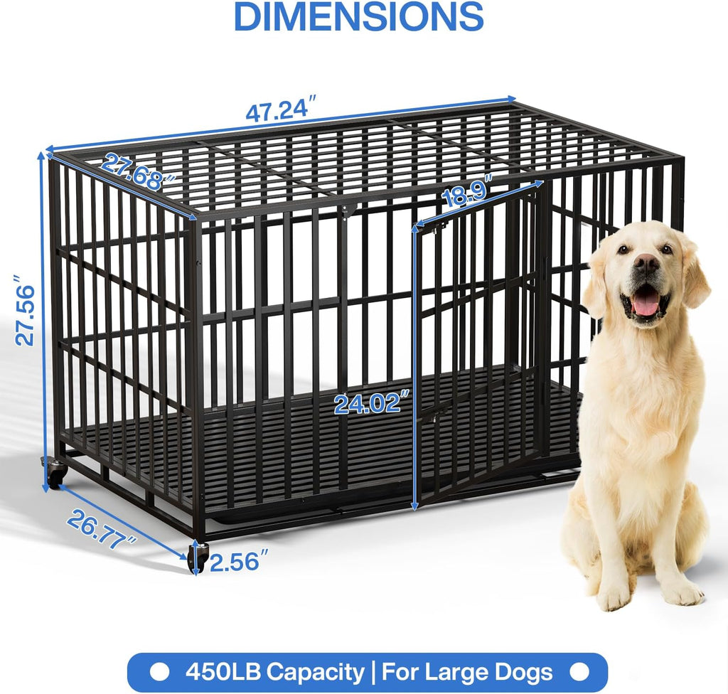 LEMBERI 48 Inch Heavy Duty Dog Crate, Indestructible Dog Kennel Indoor, Escape Proof Pet Cage for Large Dogs, High Anxiety Dog Crate with Double Door, Lockable Wheels & Removable Tray