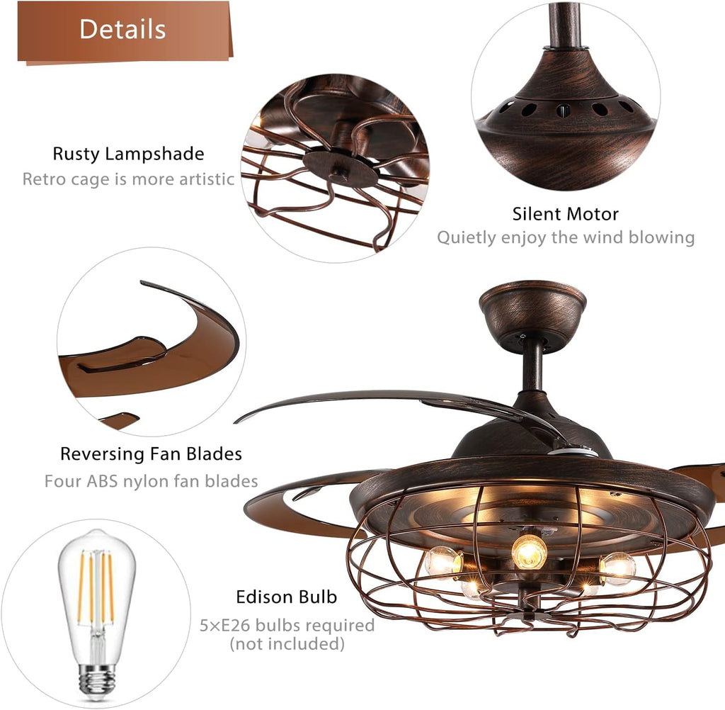 48 Inches Retractable Caged Ceiling Fan with Lights, Reverse Industrial Rusty Fandelier Fan Chandelier with Remote Control for Living Room Dining Room Bedroom - 5 Lights