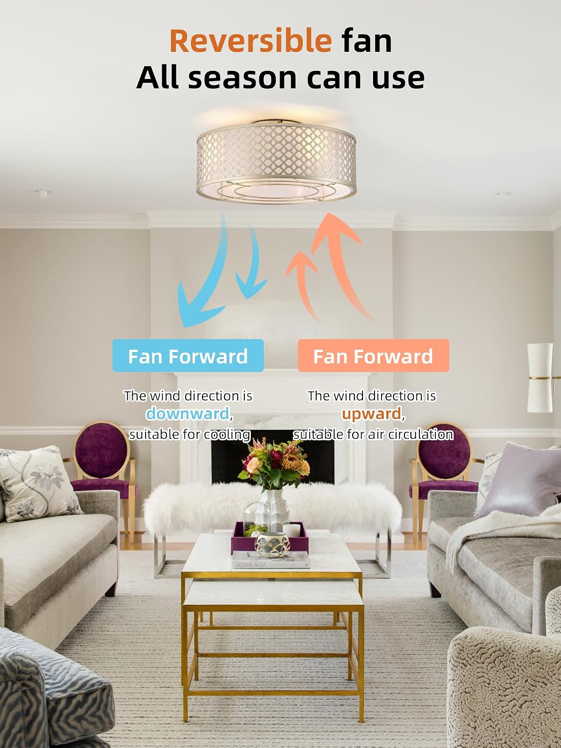 20' Gold Ceiling Fan with Light Flush Mount, Boho Ceiling fans with lights Remote Control, with 6 Speeds for Bedroom, Nursery, Living Room