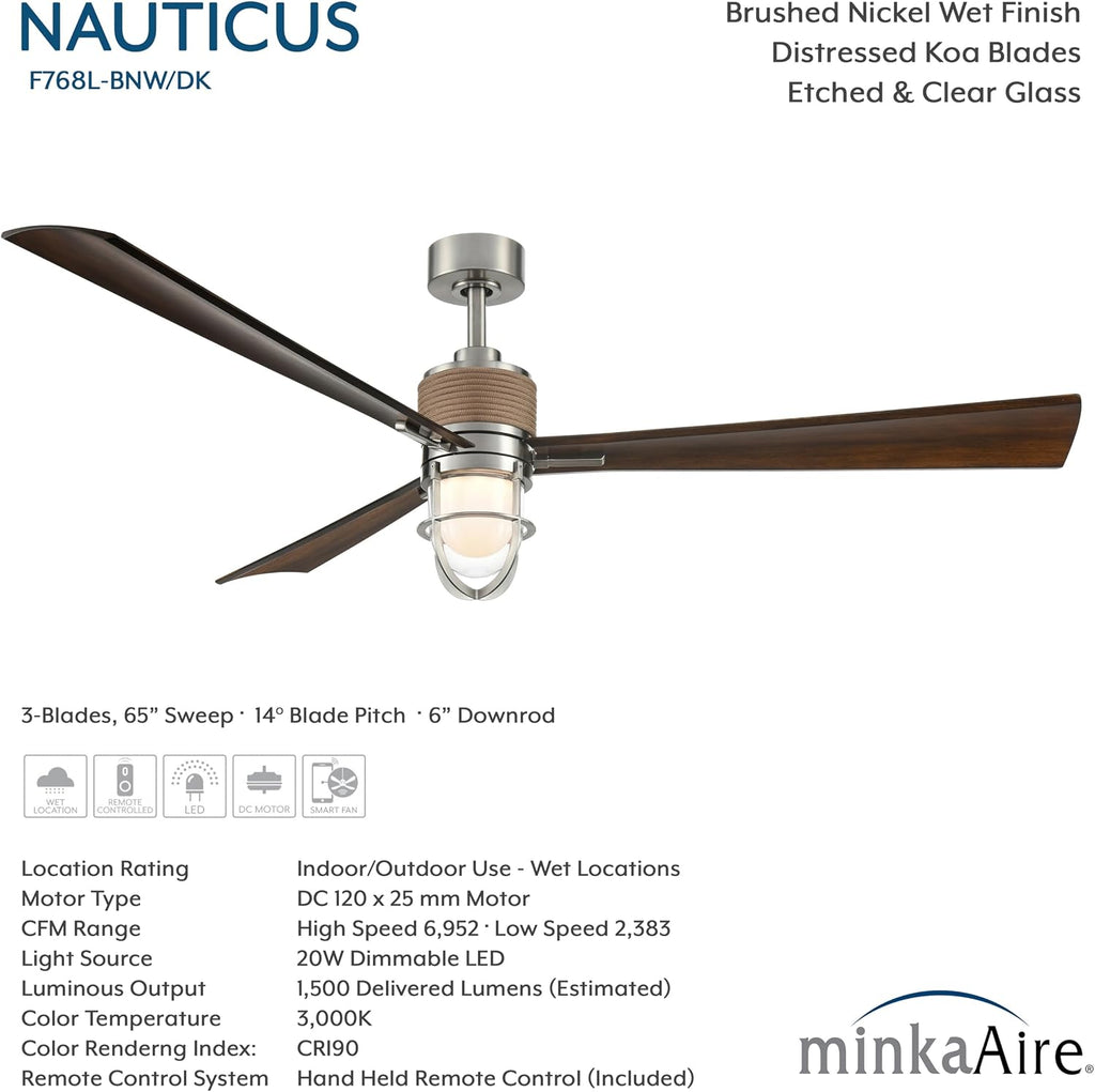 MINKA-AIRE F768L-BNW/DK Nauticus 65' 3-Blade LED Smart Indoor/Outdoor Ceiling Fan in Brushed Nickel Wet and Distressed Koa Blades with Clear Glass