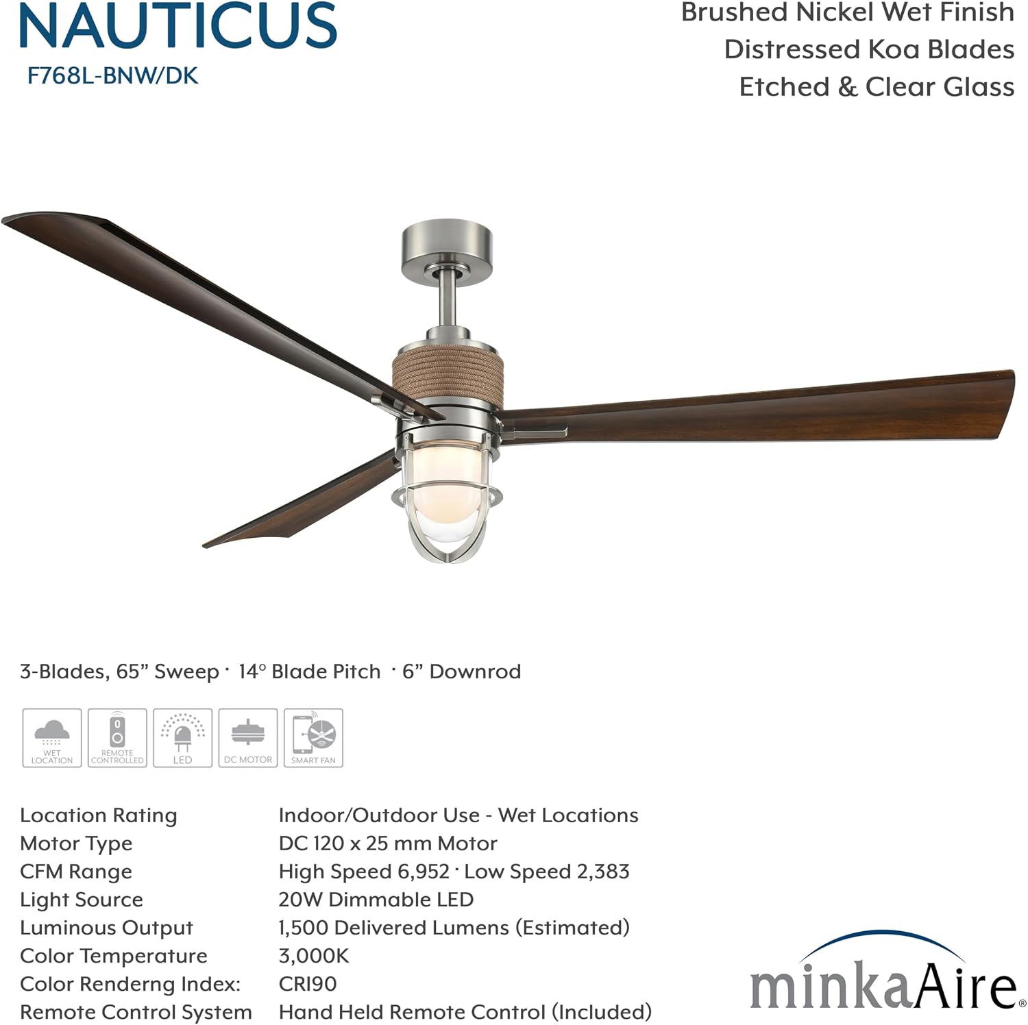 MINKA-AIRE F768L-BNW/DK Nauticus 65' 3-Blade LED Smart Indoor/Outdoor Ceiling Fan in Brushed Nickel Wet and Distressed Koa Blades with Clear Glass