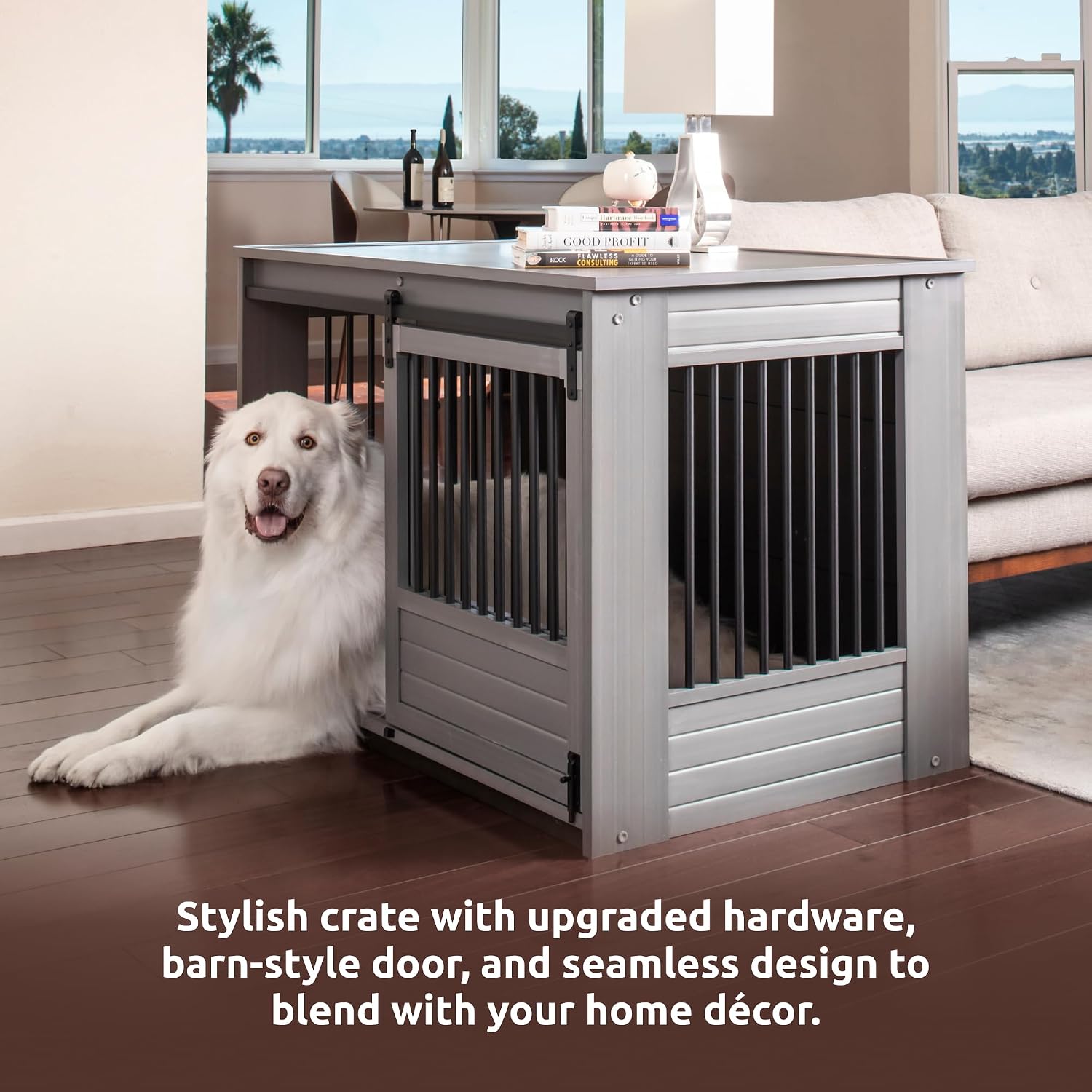 New Age Pet ECOFLEX® X-Large Barn Door Dog Crate & End Table, Indoor Furniture Style Kennel for Medium & Large Dogs, Durable Material in White and Grey