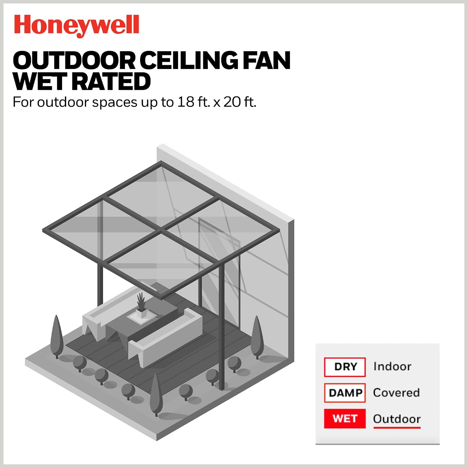 Honeywell Ceiling Fans Port Isle Modern 54 Inch Outdoor Ceiling Fan with Light, LED Fan with Remote Control, 3 Contemporary Matte Black Weather Resistant Blades, Black (51986-01)