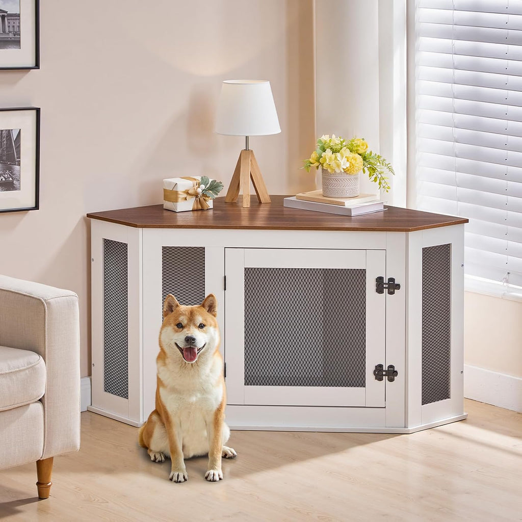 MAHANCRIS Corner Dog Crate Furniture, Wooden Dog Kennel End Table, Decorative Pet Crate Indoor Use, Furniture Style Dog House for Small Medium Dog, Dog Cage TV Stand, White and Walnut DCBA0801