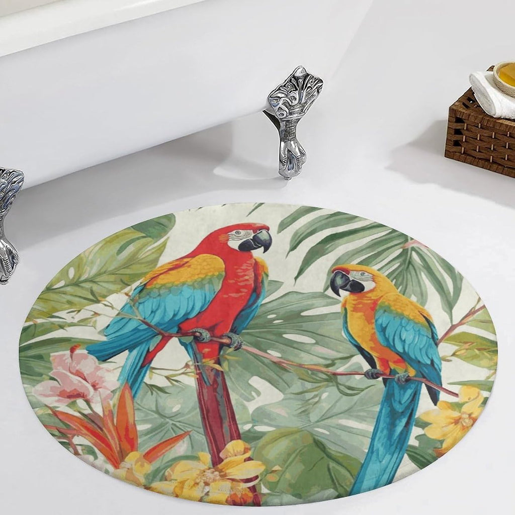 Tropical Plants and Parrots Coral Velvet Round Floor Mat Non-Slip Bath Rug Floor Covering for Bathroom Vanity Guest Suite & Vacation Home