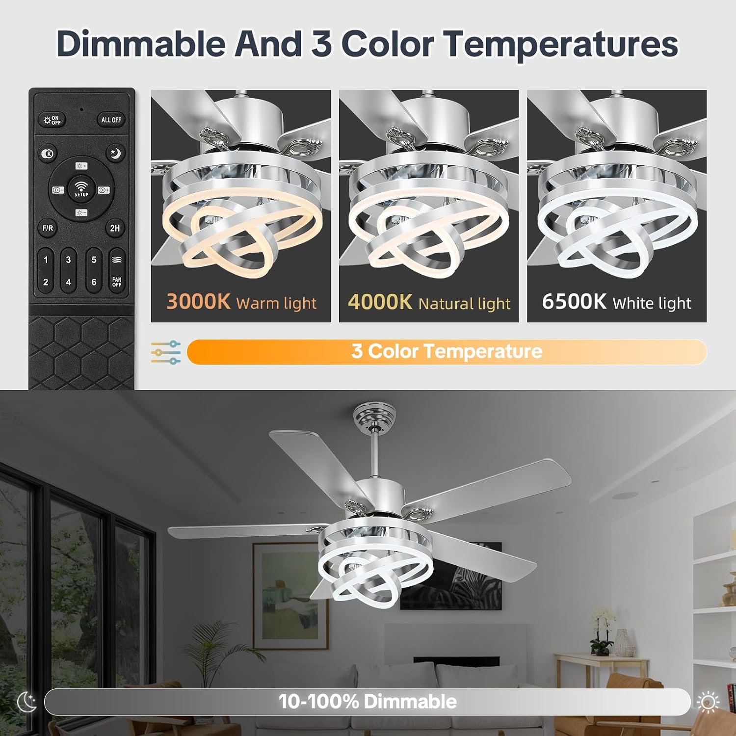 52' Ceilling Fan with Light Chandelier Fan Modern DC Motor Dimmable Led Fandelier Ceiling Fan with Light for Bedroom, Living Room Silver