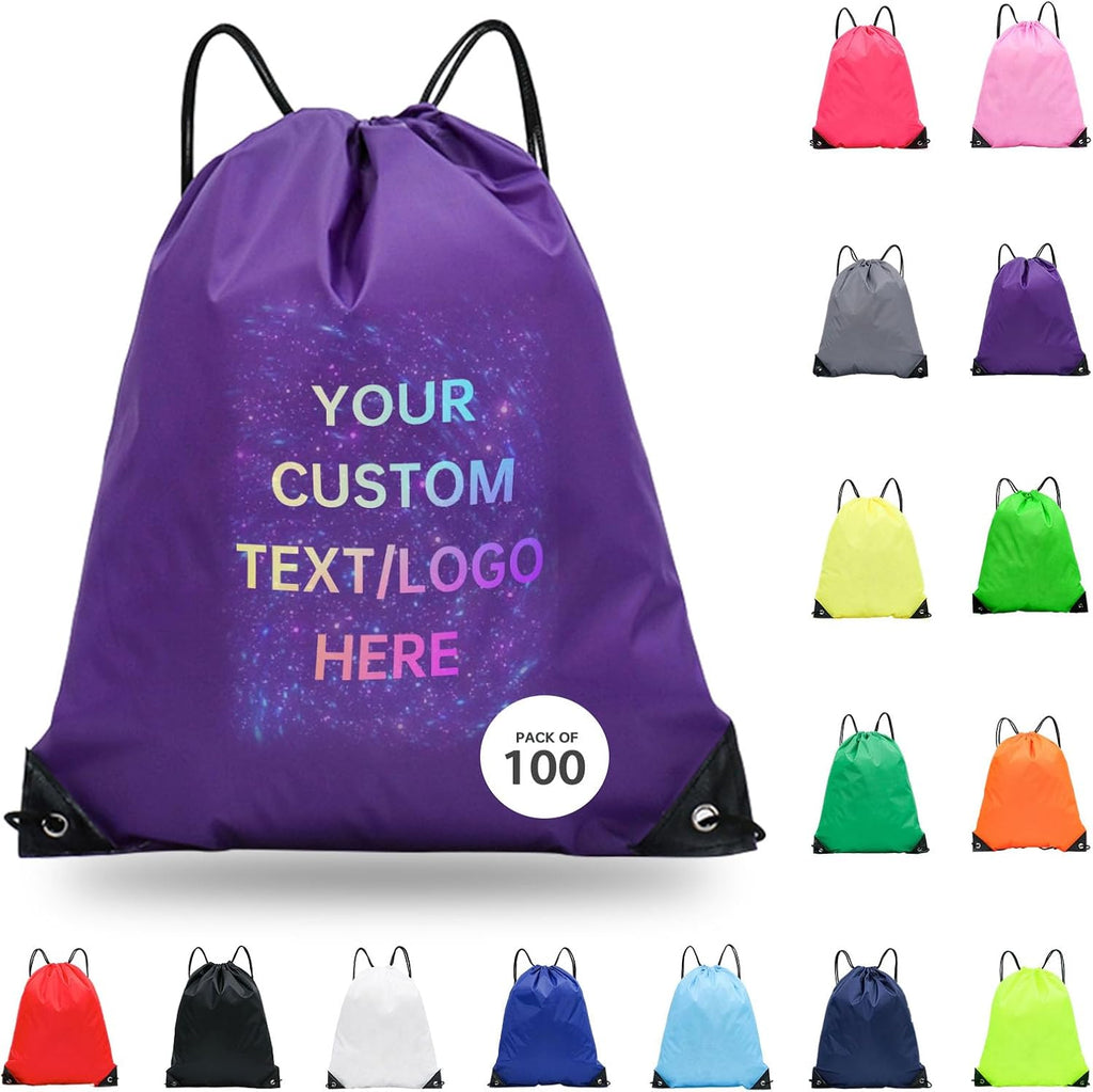 JEOHLORY pack of 100 Custom Bags With Your Logo,customized backpack,promotional items,Drawstring Backpacks,Great for Everyday Use (Custom Purple)