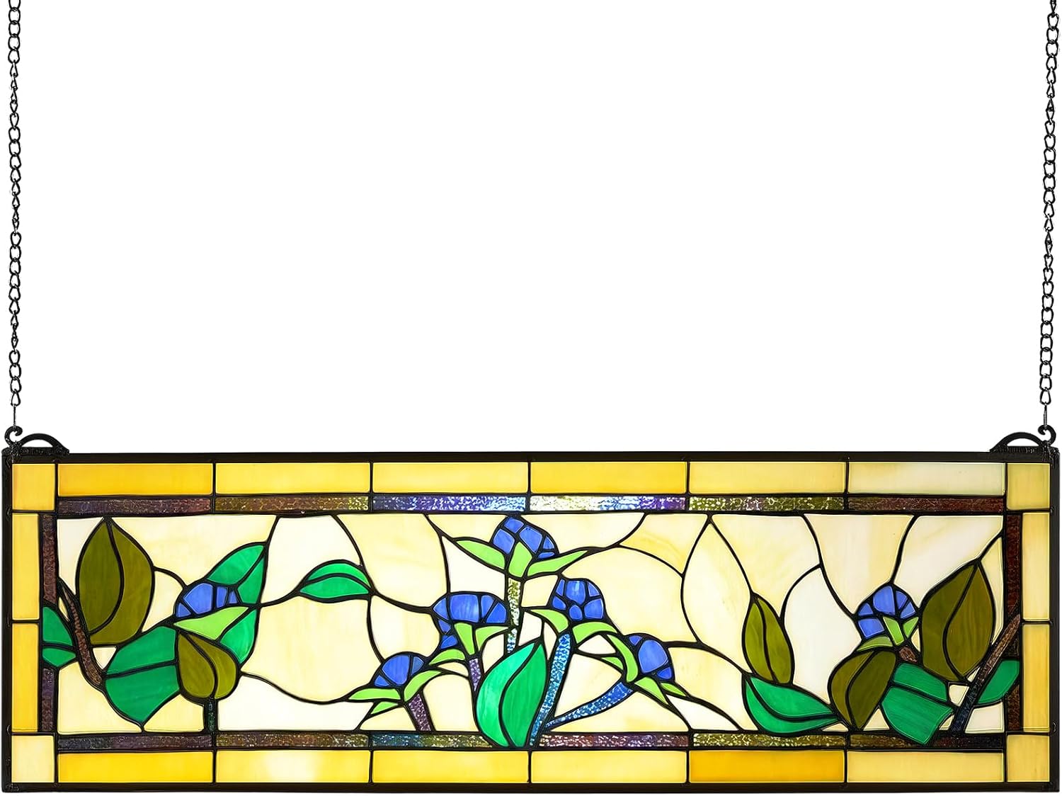VEVOR Stained Glass Window Panel, 32.0' x 10.0' Tiffany Style Hanging Transom Window Panel with Chain, Large Horizontal Rectangle Stain Glass, Vintage Traditional Art Handcrafts for Kitchen Home Decor