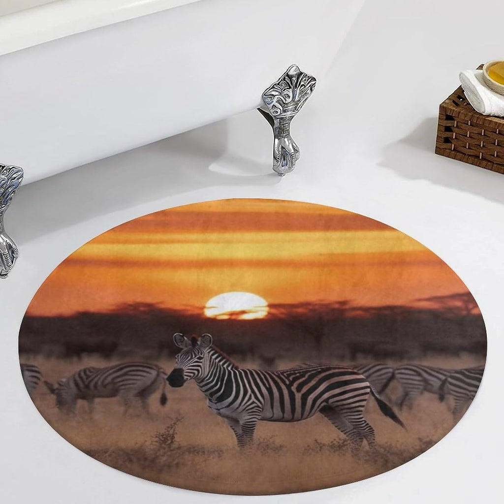 Africa Sunset Zebra Coral Velvet Round Floor Mat Non-Slip Bath Rug Floor Covering for Bathroom Vanity Guest Suite & Vacation Home
