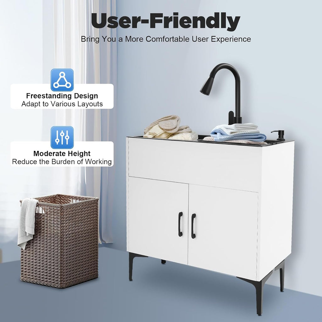 30-Inch Laundry Sink with Cabinet and Pull-Out Faucet, Stainless Steel Utility Sink with Cabinets, Freestanding White Cabinet with Sink for Laundry & Utility Room, Kitchen, Bathroom