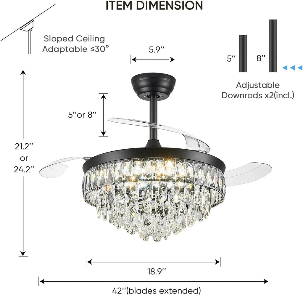 42'' Chandelier Ceiling Fan with Lights, Retractable Fan with Remote and APP, Crystal Fandelier Ceiling Fan, Dimmable LED, Reversible Motor, Quiet for Bedroom Living Room-Black