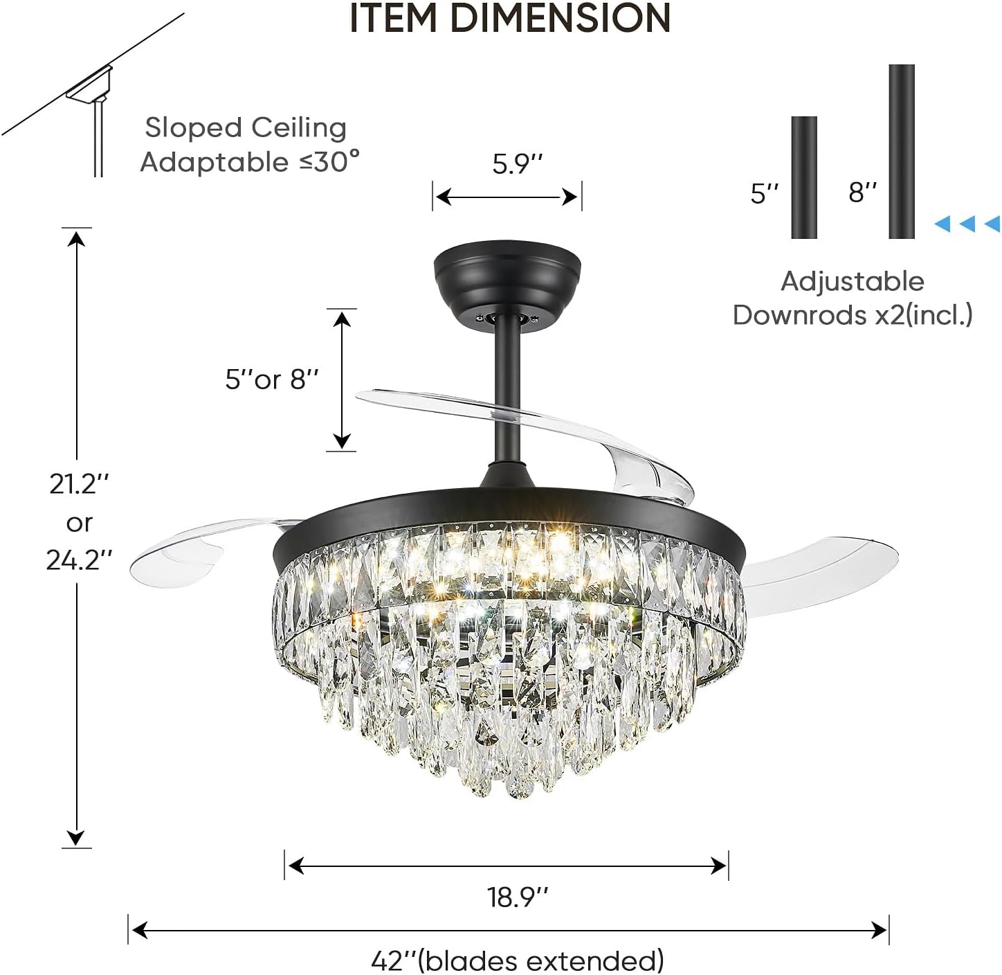 42'' Chandelier Ceiling Fan with Lights, Retractable Fan with Remote and APP, Crystal Fandelier Ceiling Fan, Dimmable LED, Reversible Motor, Quiet for Bedroom Living Room-Black