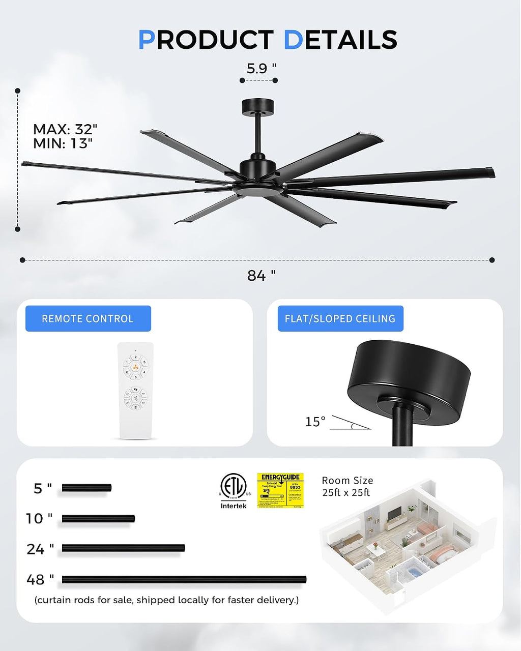 84 Inch Industrial Ceiling Fan Without Light, Matte Black Outdoor Model for Covered Areas, 8 Aluminum Blades, Powerful Airflow, Modern No-Light Design, CF04NBK-84