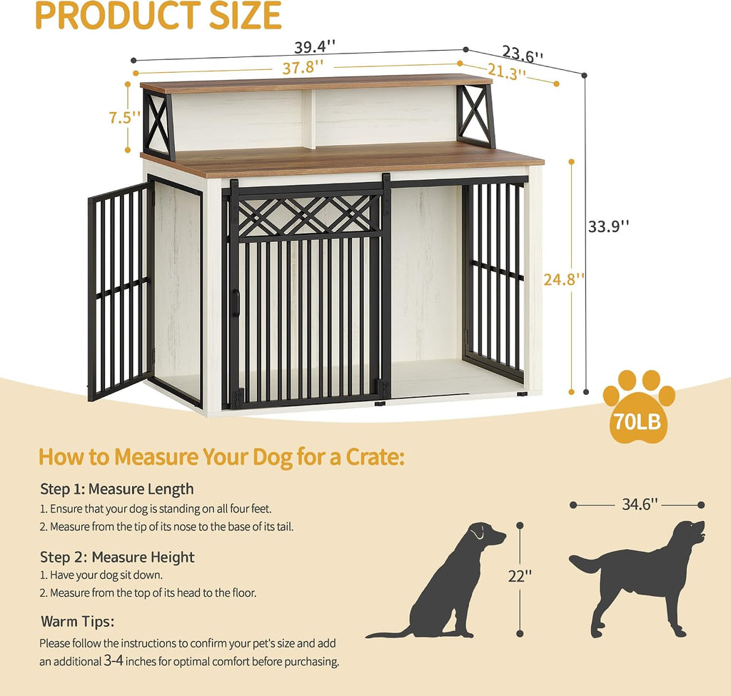 Hzuaneri 39.4'' Dog Crate Furniture, Large Wooden Dog Crate with Storage and 3 Doors, Indoor Kennel for Medium/Large Dogs, End Table with Barn Door, Chew-Proof and Escape-Proof, White Brown DFC87414B