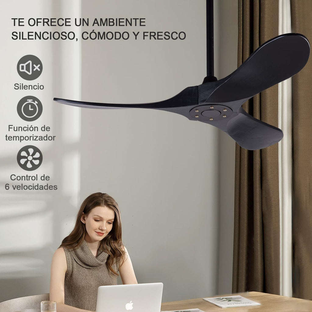 42 Inch Ceiling Fans without Lights, Black Ceiling Fans no Lights with Remote Control, 3 Solid Wood Blades Indoor Outdoor Ceiling Fan for Patios Bedroom Kitchen