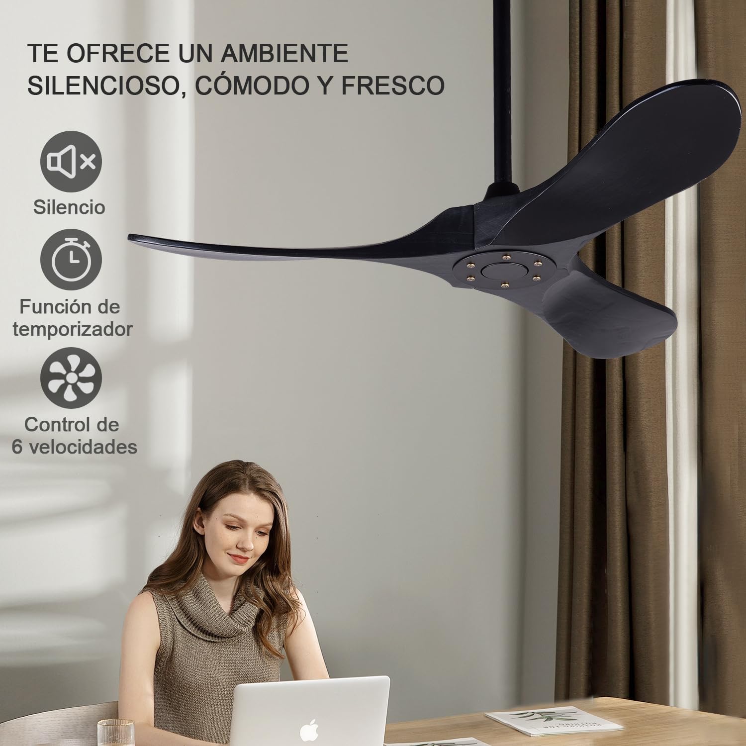 42 Inch Ceiling Fans without Lights, Black Ceiling Fans no Lights with Remote Control, 3 Solid Wood Blades Indoor Outdoor Ceiling Fan for Patios Bedroom Kitchen