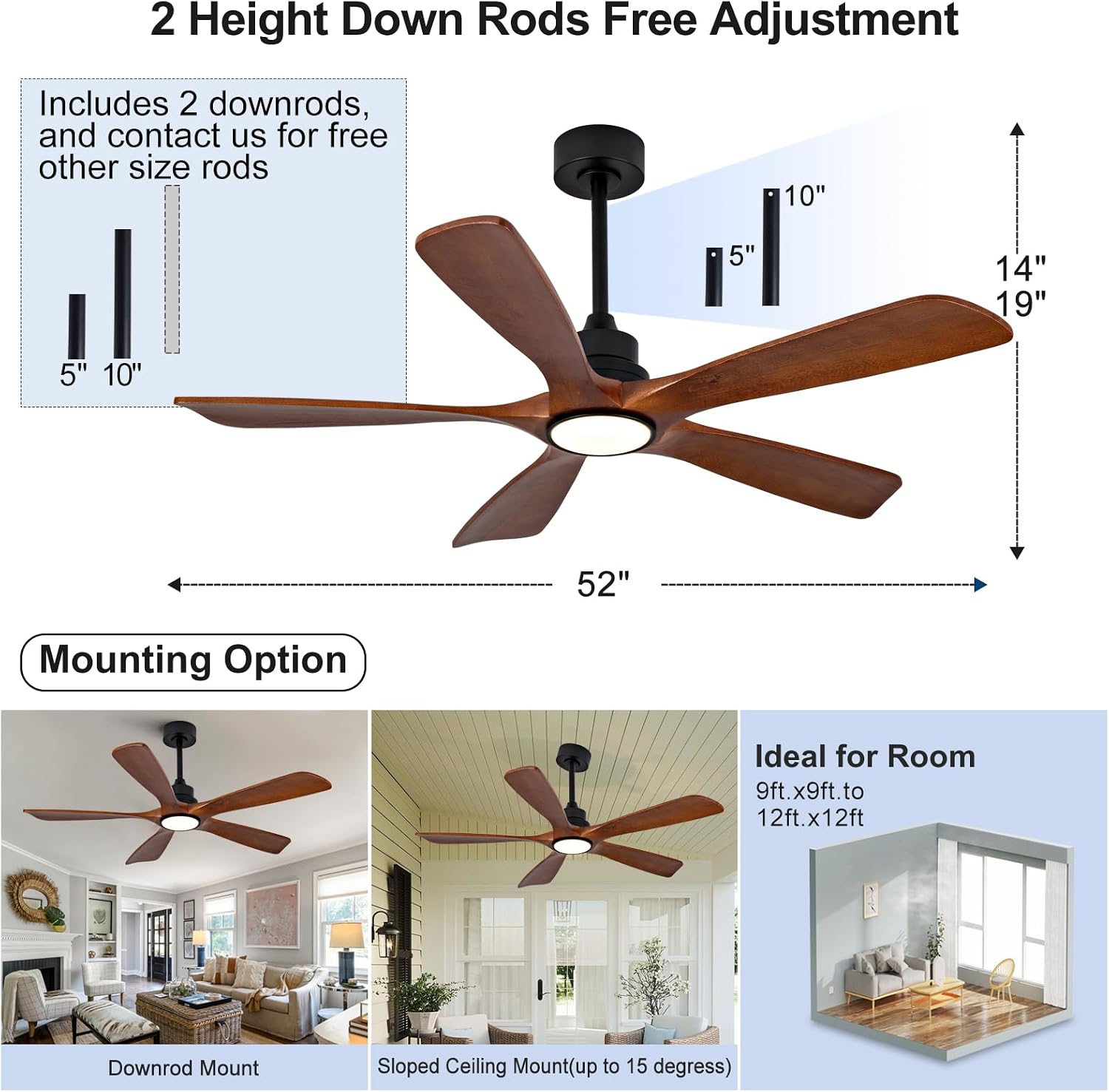 52 Inch Modern Ceiling Fans with Lights and Remote, 5 Blade Wood Ceiling Fan with Light, Wall Switch, Dimmable, Memory Function, Quiet DC Motor, Indoor Outdoor Ceiling Fan for Patio Living Room