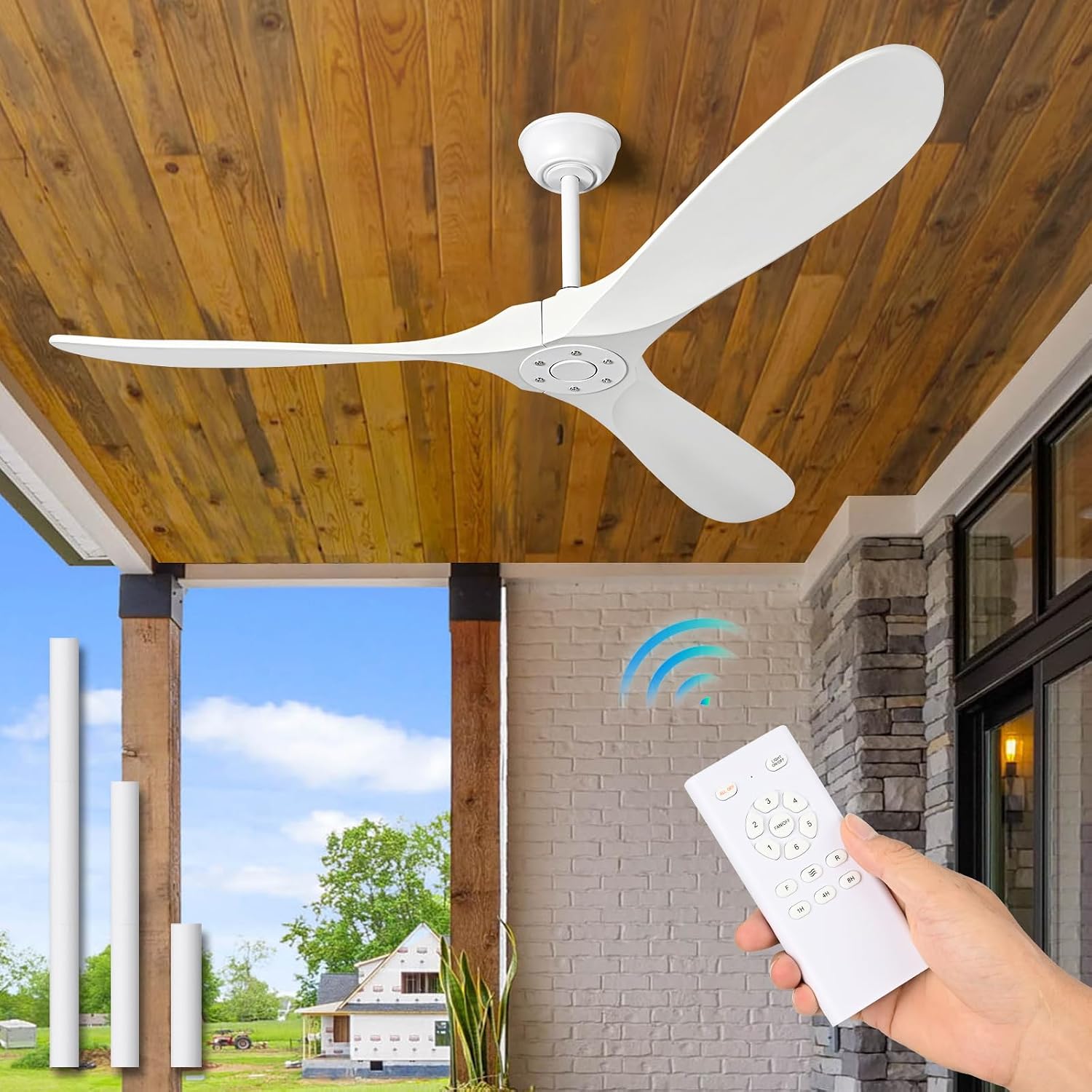 72 Inch White Ceiling Fan No Light ，Wood Outdoor Ceiling Fans for Patios Living Room Garage Kitchen Mid Century Modern Exterior Extra Large Ceiling Fan Without Light with Downrod