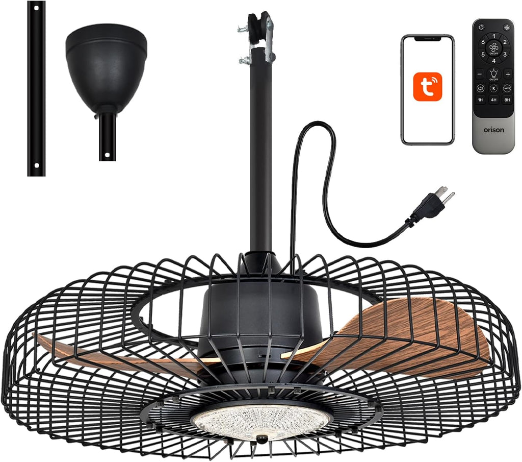Orison Outdoor Ceiling Fans with Lights for Patio, 24' Weatherproof Ceiling Fan, Gazebo Fan Remote & APP Control, 3CCT Dimmable,Caged Plug in Ceiling Fan with Hanging Hook for Pergola Porch Canopy