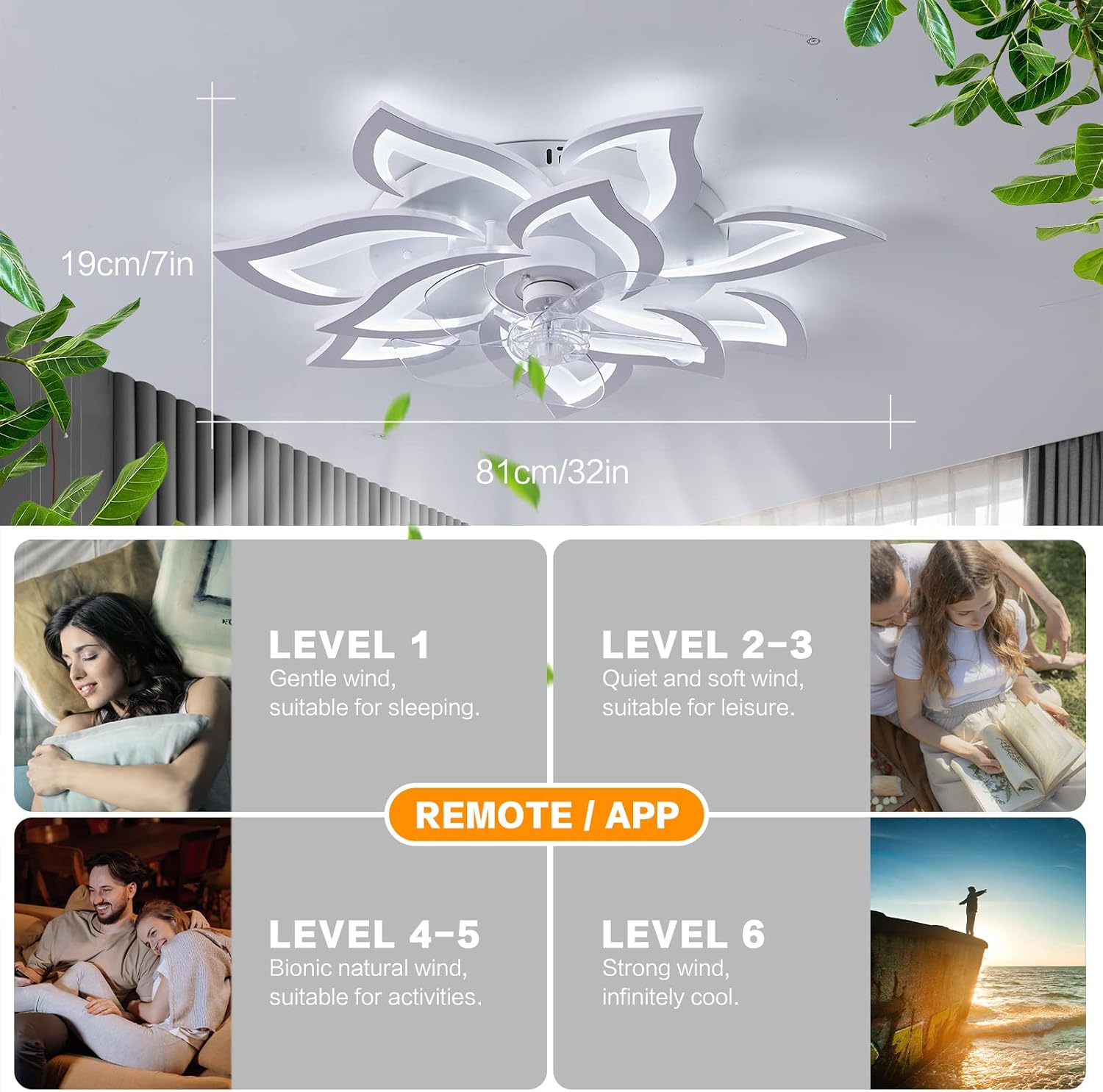 Ceiling Fan with Light,Modern Indoor Flush Mount Ceiling Fan with Dimmable LED Light and Remote Control 3 Color Temperatures 6 Gear Wind Speed for Kids Room Bedroom 100W 32in7in