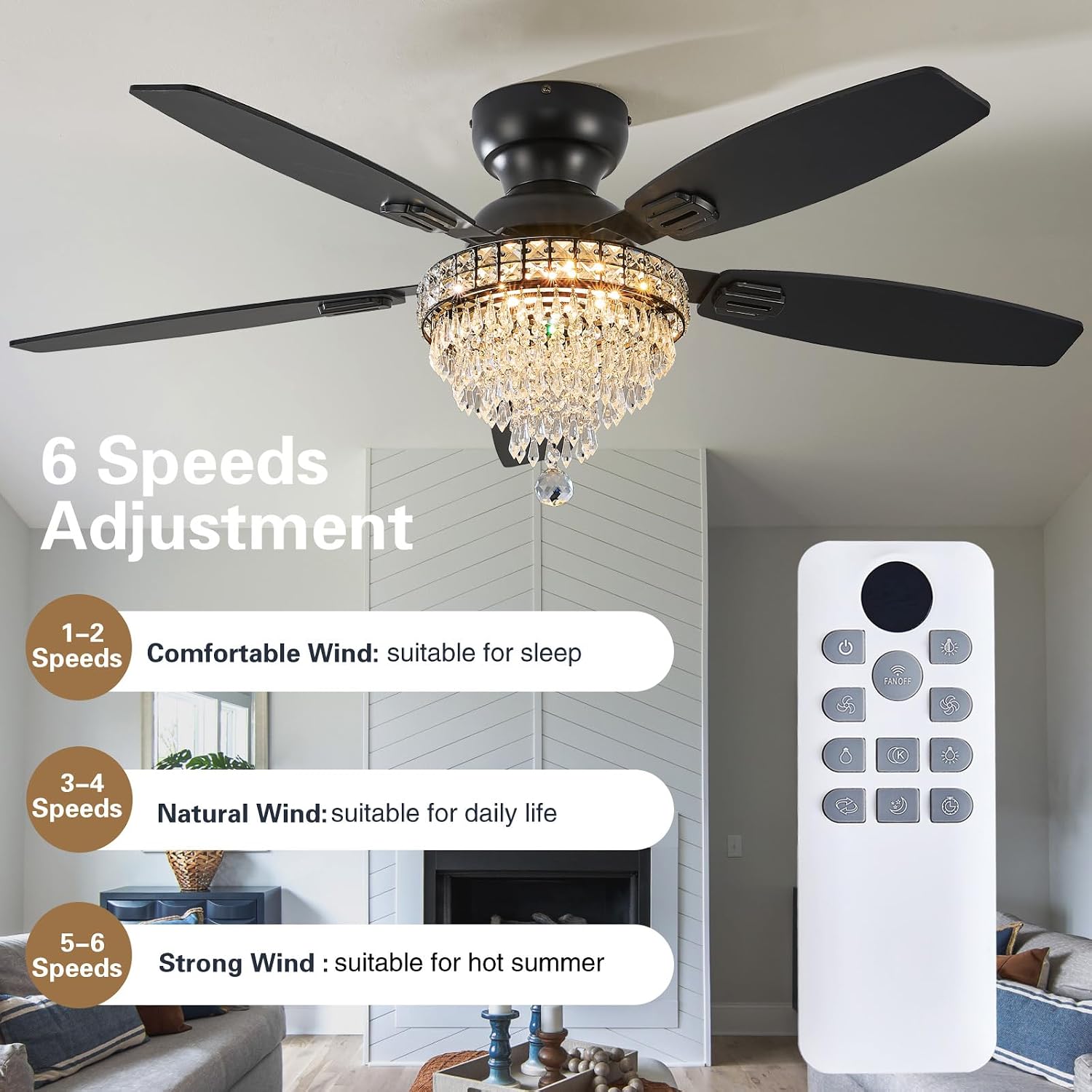 Crystal Ceiling Fan Fandelier with Lights-Ceiling Fans,50' Low Profile and Remote Control, Flush Mount, Reversible, Dimmable, Noiseless, Black Ceiling Fan for Bedroom