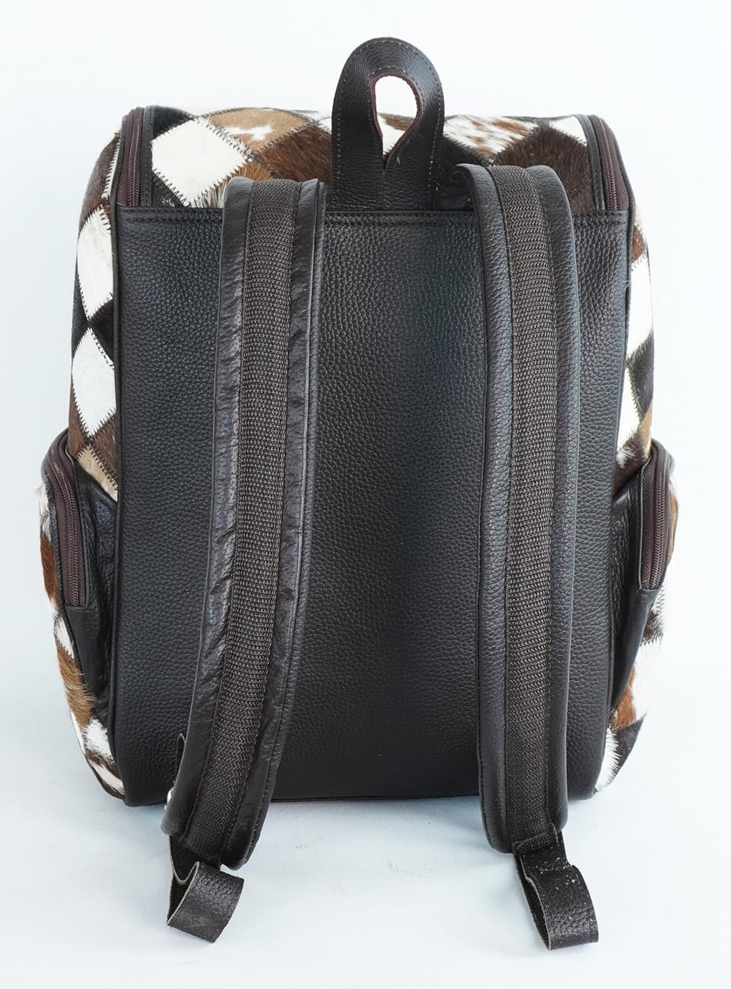 Western Brown Patchwork Cowhide Leather Backpack - Everyday Travel Backpack - Genuine Leather Cow Print Checkered Diaper Bag