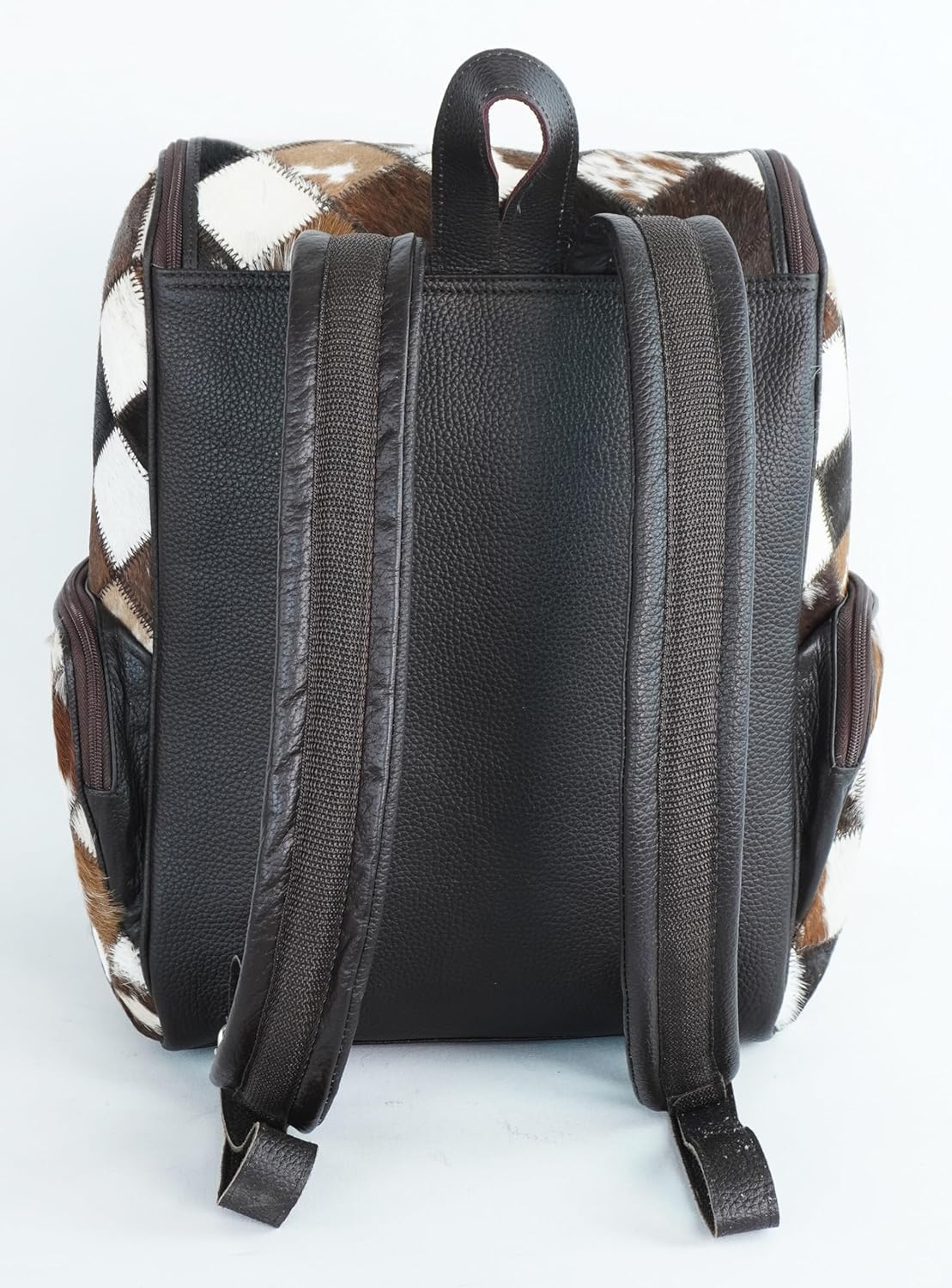 Western Brown Patchwork Cowhide Leather Backpack - Everyday Travel Backpack - Genuine Leather Cow Print Checkered Diaper Bag