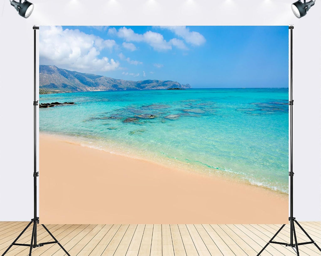 Trykid 20x10ft Turquoise Beach Ocean Backdrop Clear Blue Sand Mountain Photography Background Vacation Summer Event Tapestry Party Decoration Photo Studio Prop Fabric